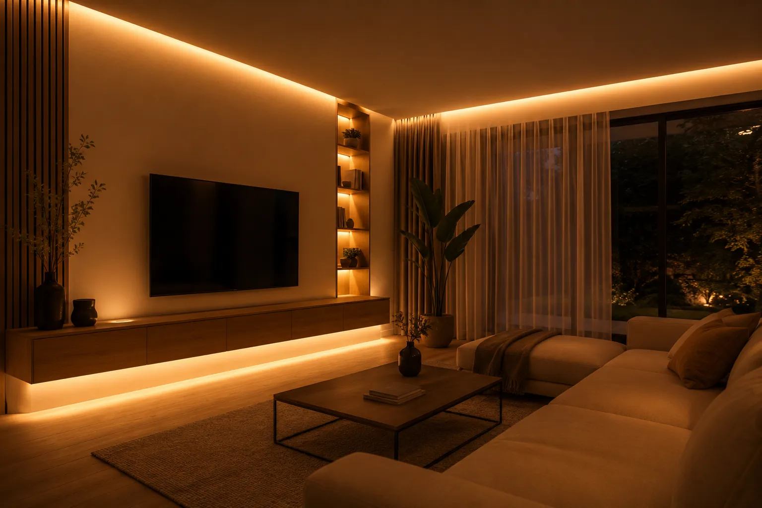 Modernes Wohnzimmer mit indirekter LED Streifen Beleuchtung in Warmweiß 3000K. Gleichmäßige, blendfreie Lichtlinie an Decke und TV-Möbel für eine gemütliche Wohnatmosphäre mit hochwertiger LED Innenbeleuchtung.