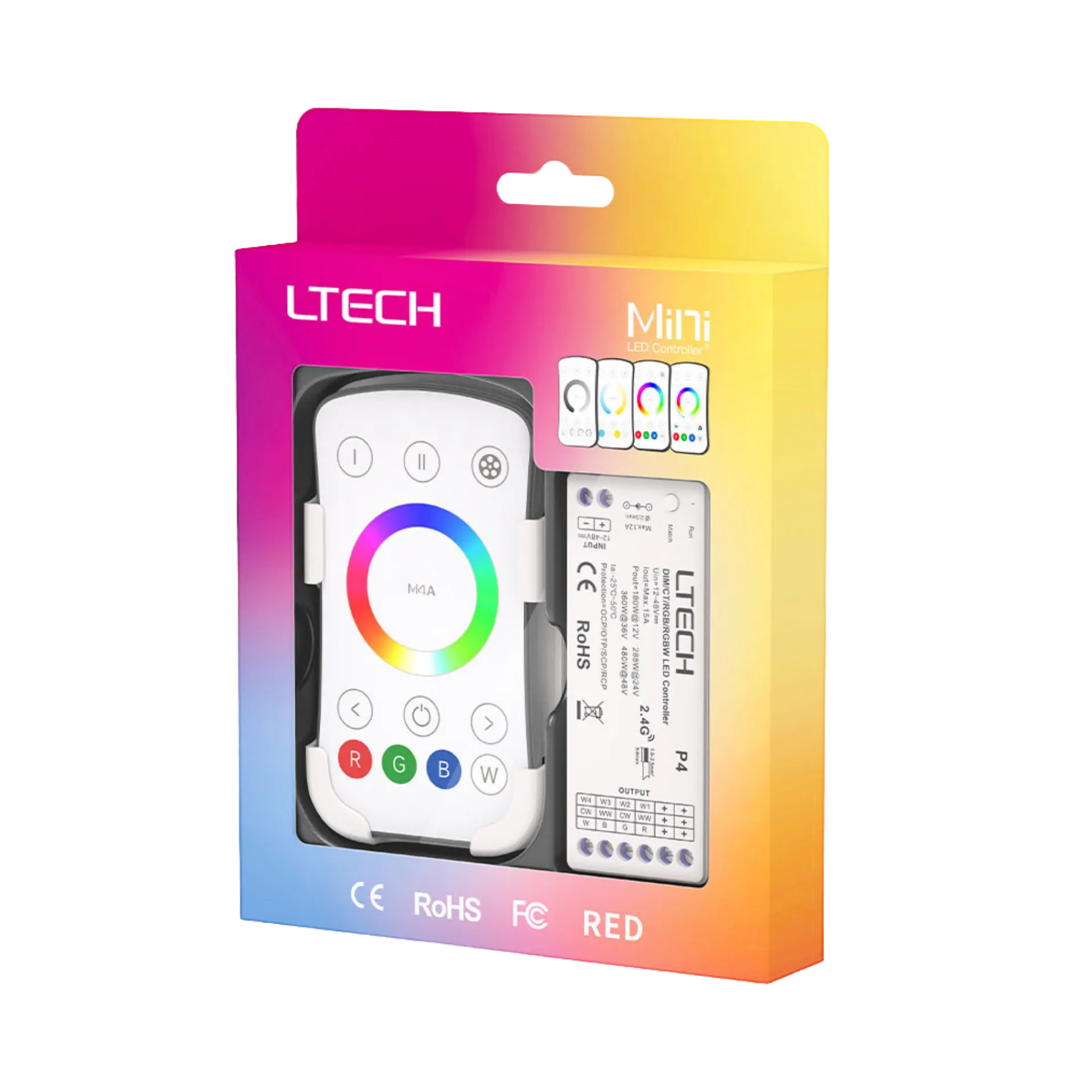 LTECH M4A+P4 LED RGBW Funk Set 2.4 GHz, Funk Fernbedienung & 4-Kanal Empfänger, 12-48V DC, für RGB und RGBW LED Streifen