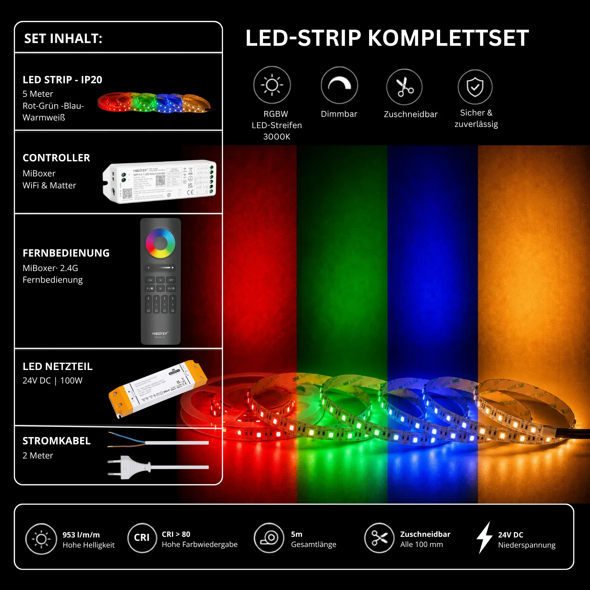 LED Streifen Set RGBW – SMD LED Streifen 24V, 60 LEDs/m, 4-in-1, 18 W/m, 953 lm/m, 5m, RGB + Warmweiß 3000K, CRI 80 – SS100 Netzteil, WL5 WiFi Controller & C5 Fernbedienung Schwarz