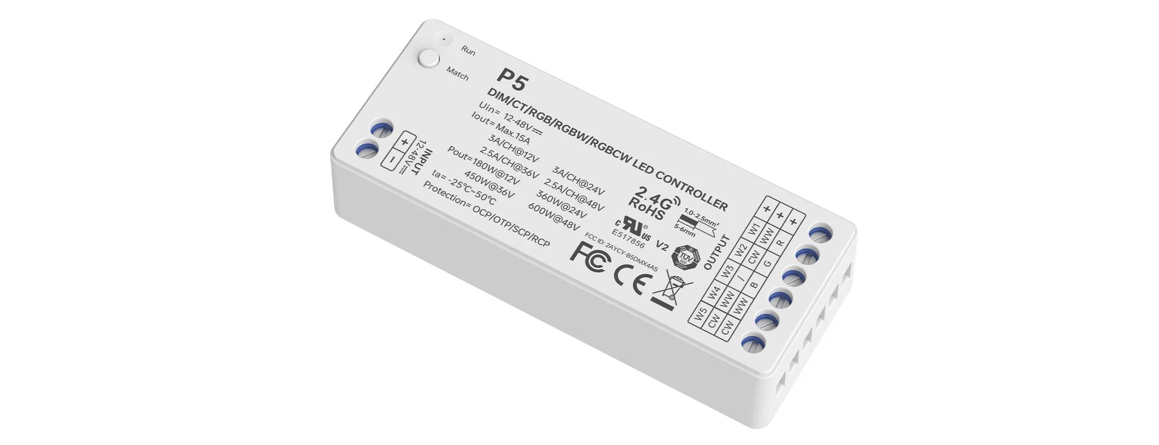 LTECH M5A+P5 LED Funk Set 2.4 GHz, Funk Fernbedienung & 5-Kanal Empfänger, 12-48V DC, für RGBCCT LED Streifen