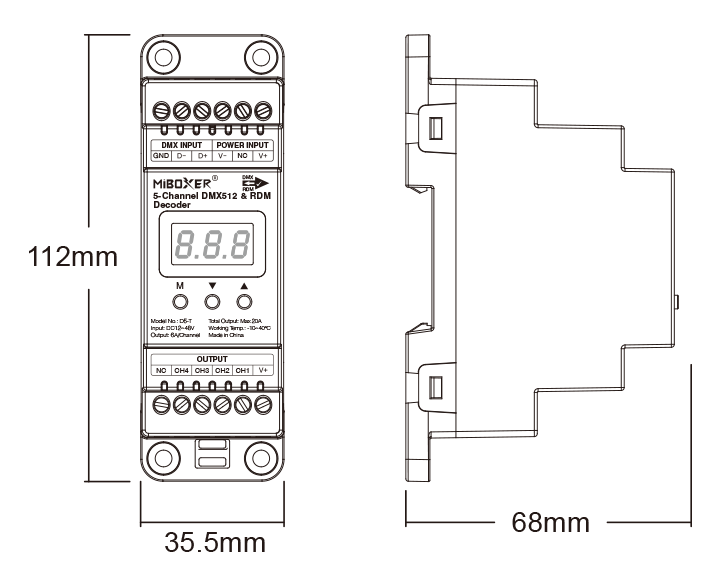MiBoxer D5-T 5-Kanal DMX512 RDM LED-Decoder technische Zeichnung mit Abmessungen 112 mm x 35,5 mm x 68 mm Art. 23001