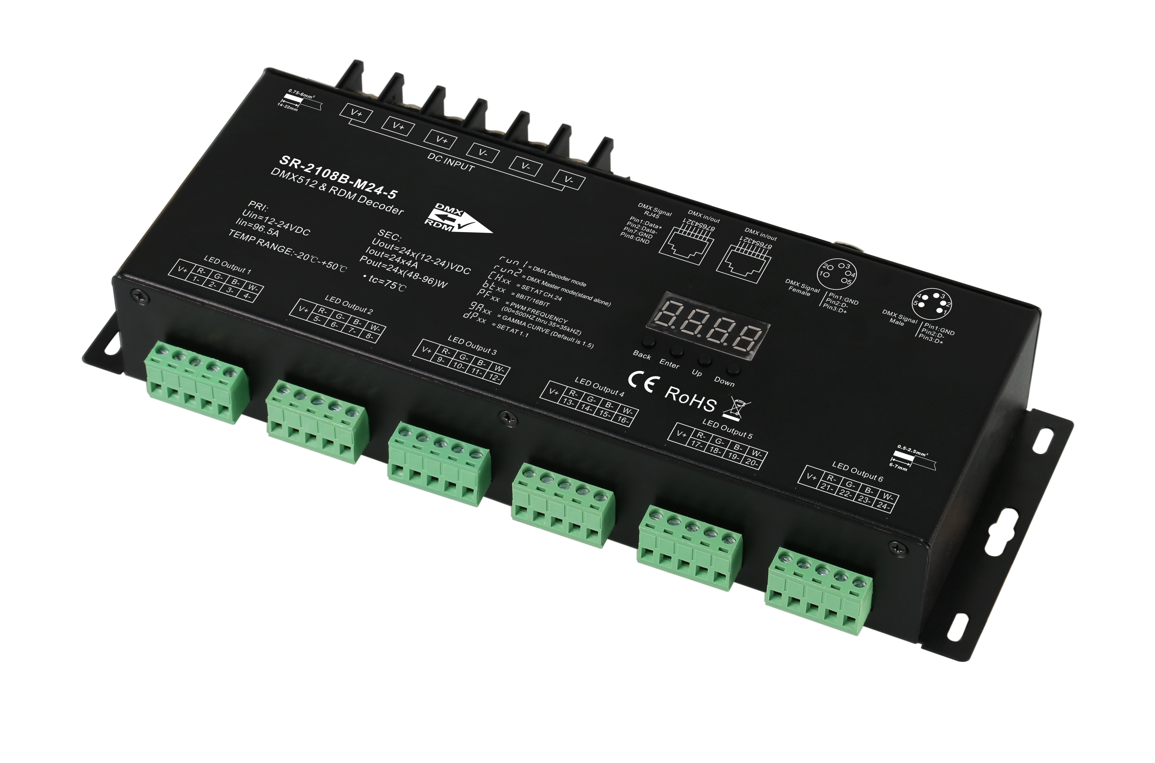 SR-2108B-M24-3 DMX512 & RDM Decoder 24-Kanal 4A pro Kanal 12-24V DC Metallgehäuse XLR RJ45
