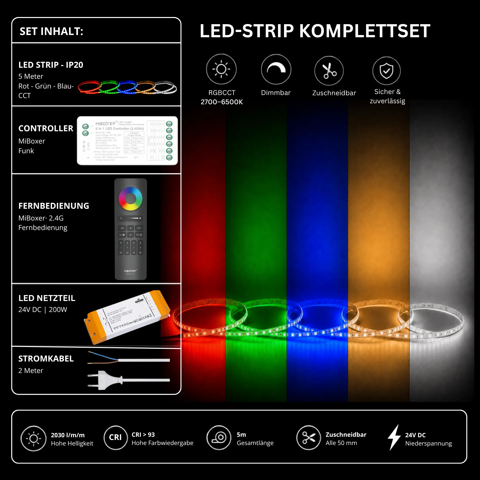 LED Streifen Set RGBCCT – RGBCCT LED Streifen 24V, 5-in-1, 33 W/m, 2030 lm/m, 5m, RGB + 2700-6500K – SNP-200 Netzteil, SR5 Funk-Controller & C5 Fernbedienung Schwarz
