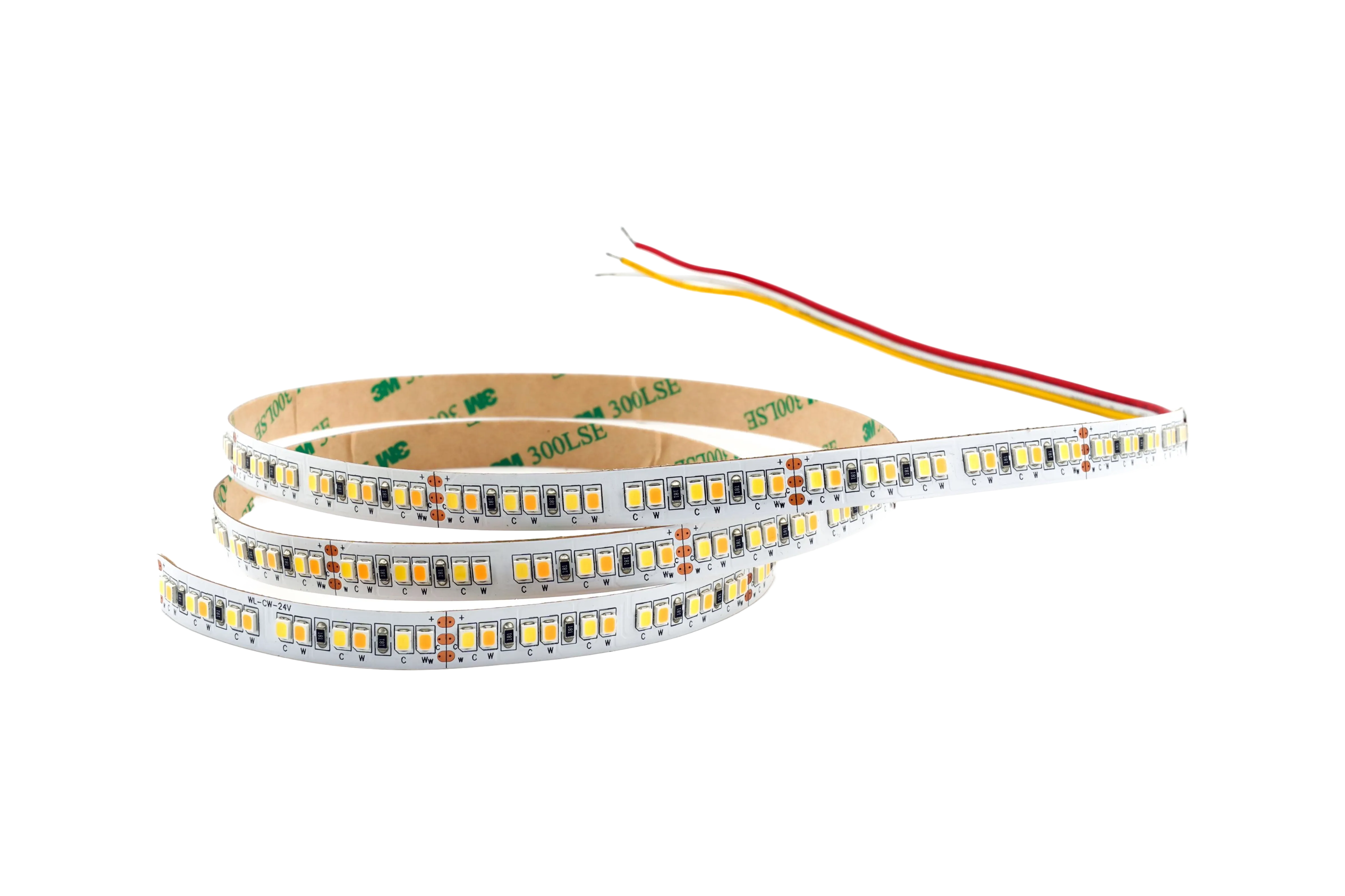 CCT LED Streifen 24V – 192 LEDs/m, CRI82, 2700–6500K Tunable White CCT LED Streifen 24V mit 192 LEDs pro Meter als unbeleuchtete Produktaufnahme – flexibles LED Band mit CRI82, Tunable-White Funktion und farbmarkierten Anschlusskabeln