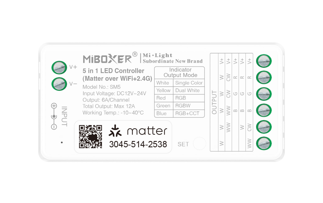 MiBoxer SM5 5-in-1 LED-Controller – Matter & 2.4 GHz, Einfarbig, CCT, RGB, RGBW, RGB+CCT, 12–24 V, 12 A