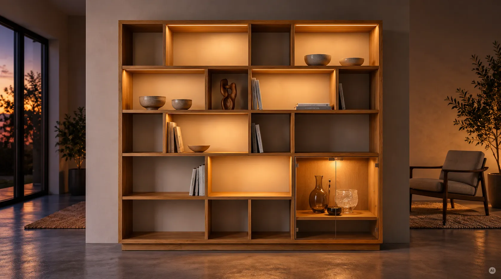 Großes, modernes Bücherregal aus Holz mit integrierter Warmweiß-LED-Beleuchtung, dekoriert mit Büchern und Vasen in einem stilvollen Wohnzimmer bei Abenddämmerung.