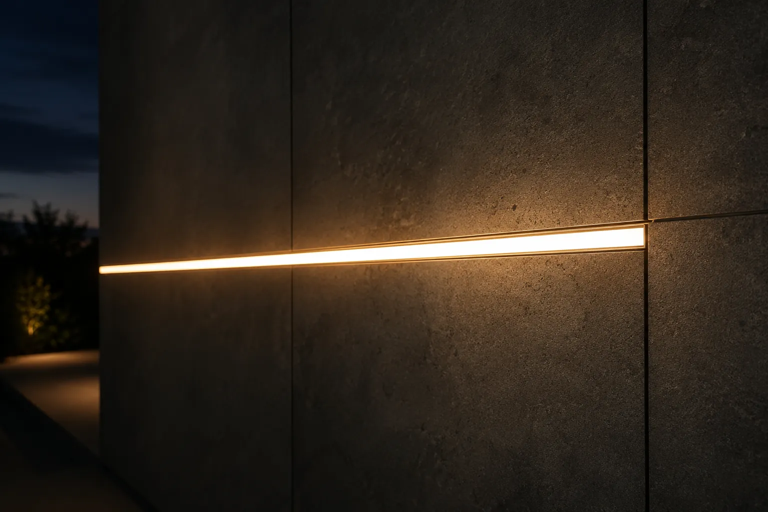 LED Aluprofil bündig eingelassen für moderne Lichtlinien Eingelassenes LED Aluprofil erzeugt eine gleichmäßige warmweiße Lichtlinie in moderner Wandgestaltung