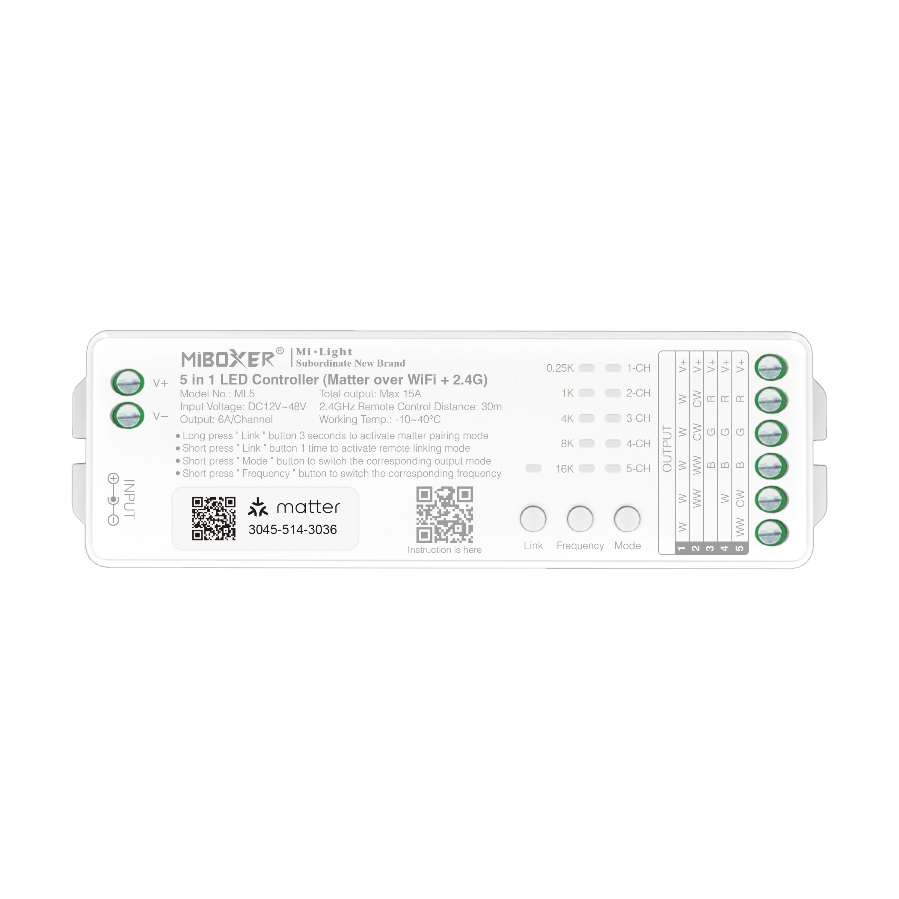 MiBoxer ML5 5-in-1 LED-Controller – Matter & 2.4 GHz, RGB+CCT, 12–48 V, 15 A, einstellbare PWM-Frequenz