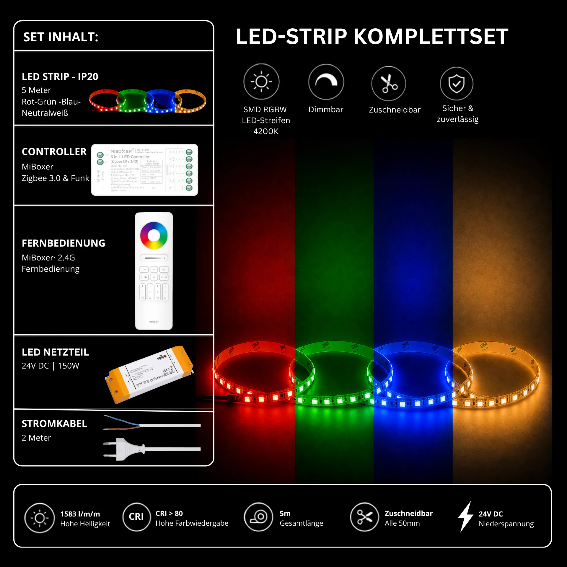 LED Streifen Set RGBW – SMD LED Streifen 24V, 4-in-1, 19,2 W/m, 5m, RGB + Neutralweiß 4200K – SS150 Netzteil, SZ5 Zigbee 3.0 Controller & C5 Fernbedienung Weiß