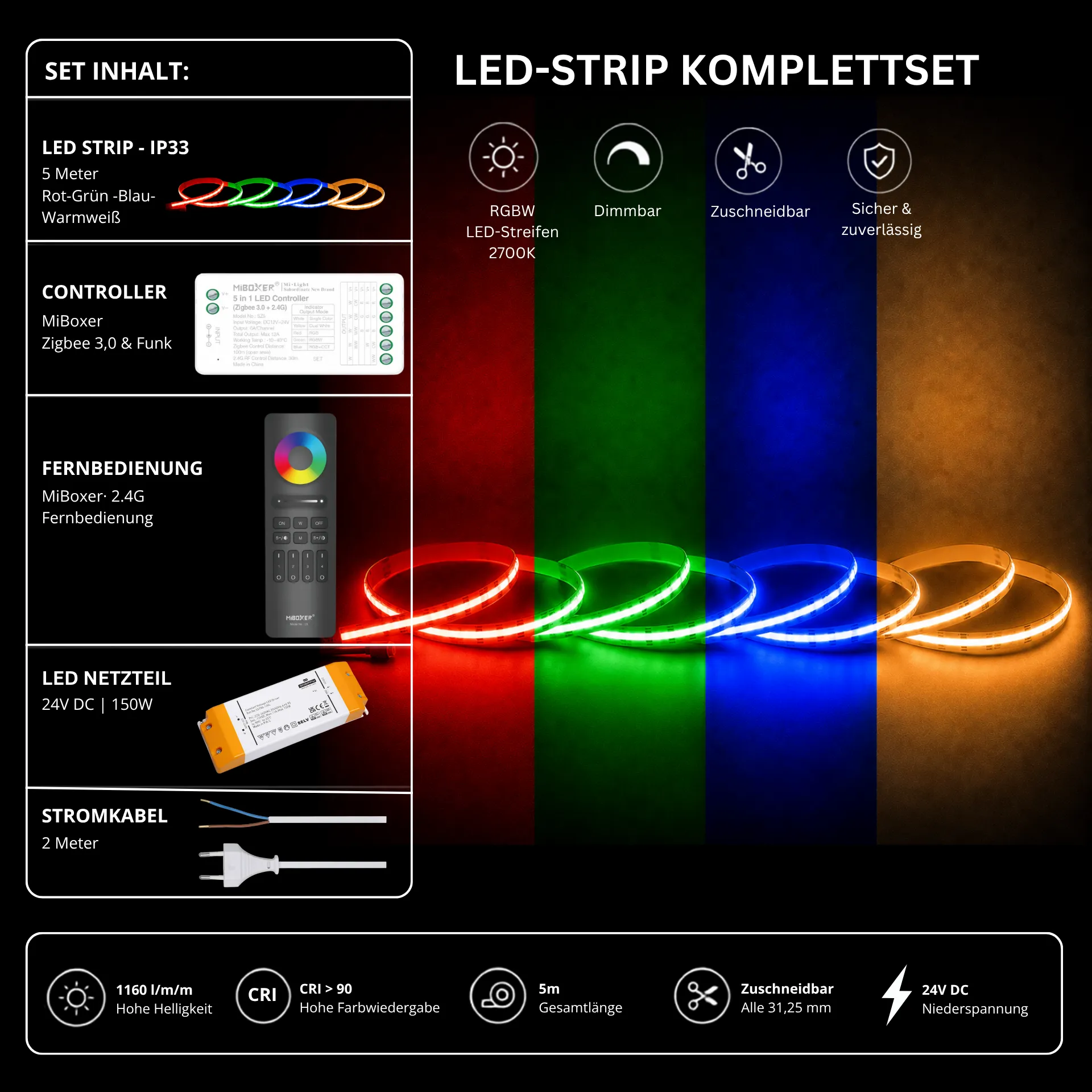 LED Streifen Set RGBW – COB LED Streifen 24V, punktfrei, 20 W/m, 5m, RGB + Warmweiß 2700K, CRI 90, IP33 – SS150 Netzteil, SZ5 Zigbee 3.0 Controller & C5 Fernbedienung Schwarz