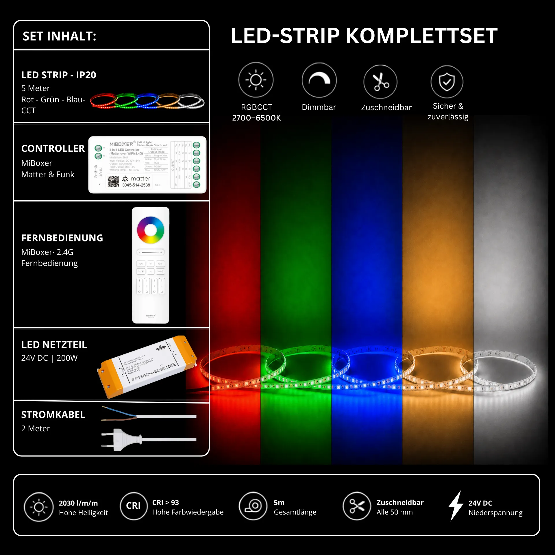 LED Streifen Set RGBCCT – RGBCCT LED Streifen 24V, 5-in-1, 33 W/m, 2030 lm/m, 5m, RGB + 2700-6500K – SNP-200 Netzteil, SM5 Matter Controller & C5 Fernbedienung Weiß