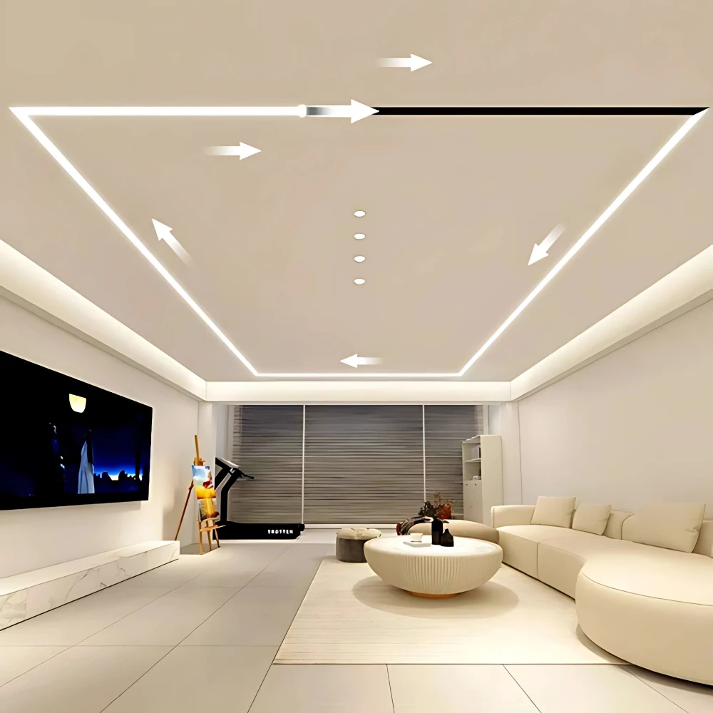 Indirekte LED Deckenbeleuchtung im Wohnzimmer mit moderner Lichtlinie