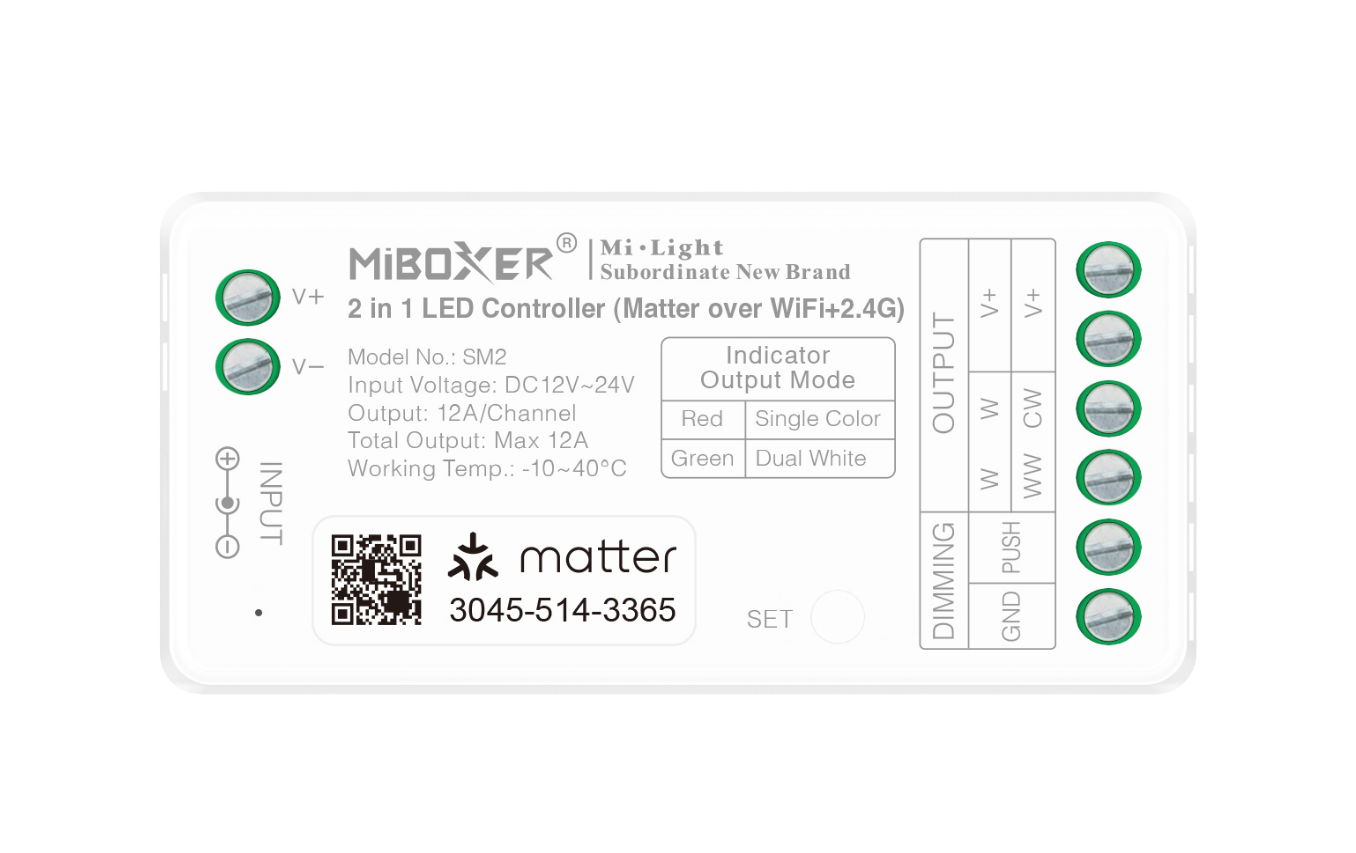 MiBoxer SM2 2-in-1 LED Controller – Matter over WiFi und 2,4 GHz Funk, einfarbig und CCT, 12–24V DC, 12A, Push Dimming, Apple HomeKit, Google Home, Alexa, Frontansicht