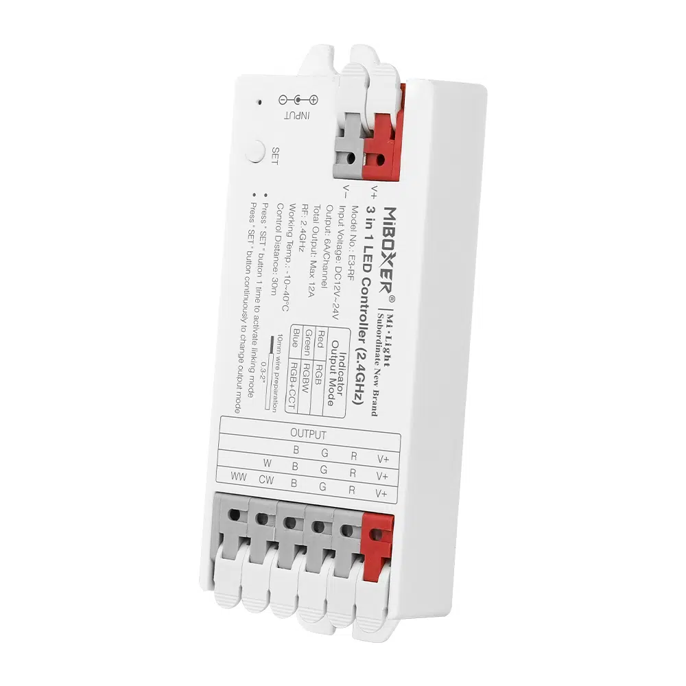 MiBoxer E3-RF 3-in-1 LED Controller – RGB, RGBW & RGB+CCT, 12–24V, 12A, 2.4GHz Funksteuerung