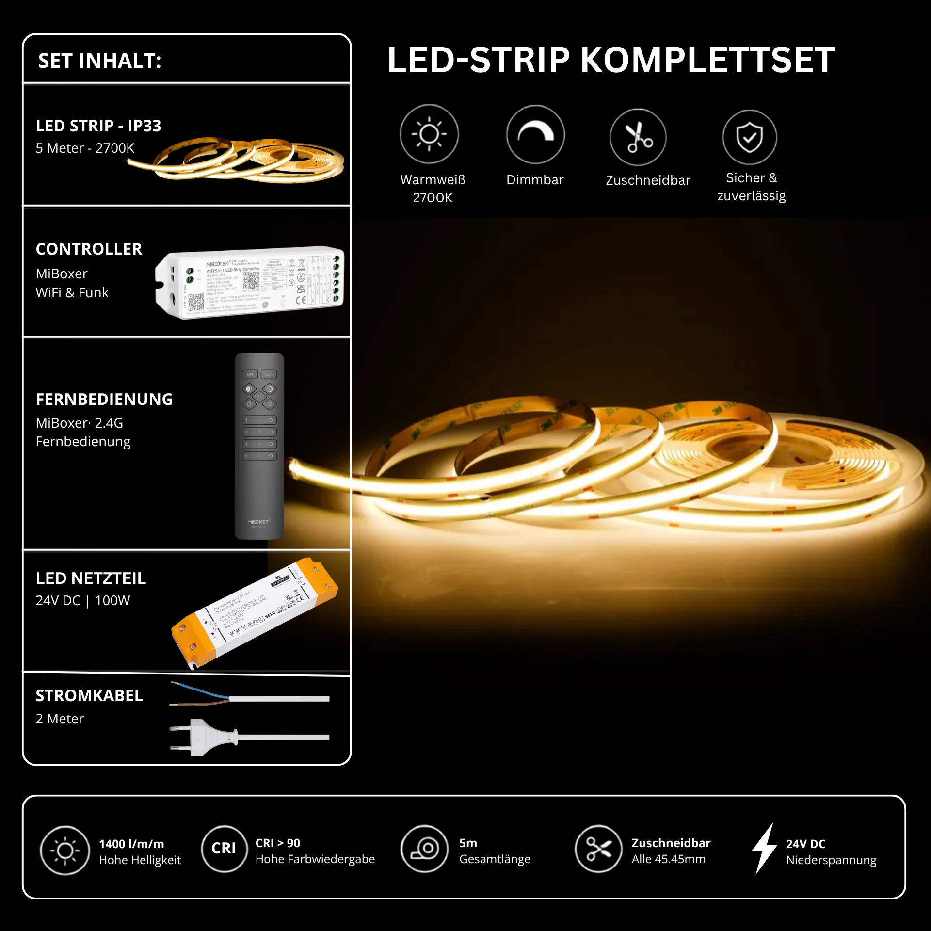 LED Streifen Set Warmweiß – COB LED Streifen 24V, punktfrei, 14 W/m, 5m, 2700K, CRI 90, IP33 – SS100 Netzteil, WL5 WiFi Controller & C1 Fernbedienung Schwarz