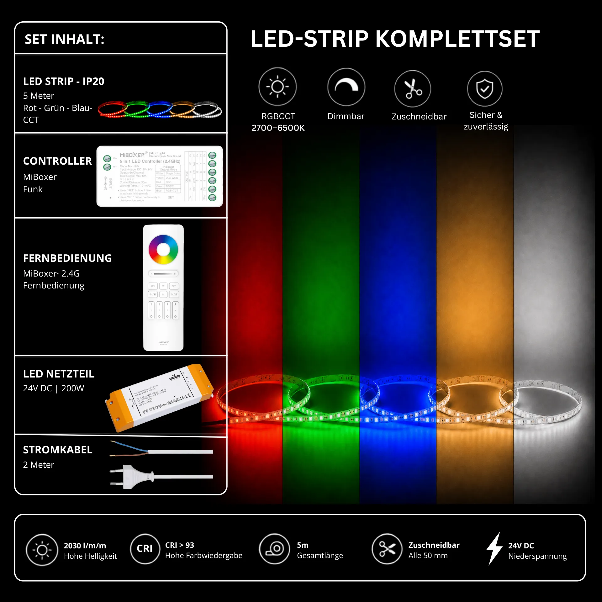 LED Streifen Set RGBCCT – RGBCCT LED Streifen 24V, 5-in-1, 33 W/m, 2030 lm/m, 5m, RGB + 2700-6500K – SNP-200 Netzteil, SR5 Funk-Controller & C5 Fernbedienung Weiß