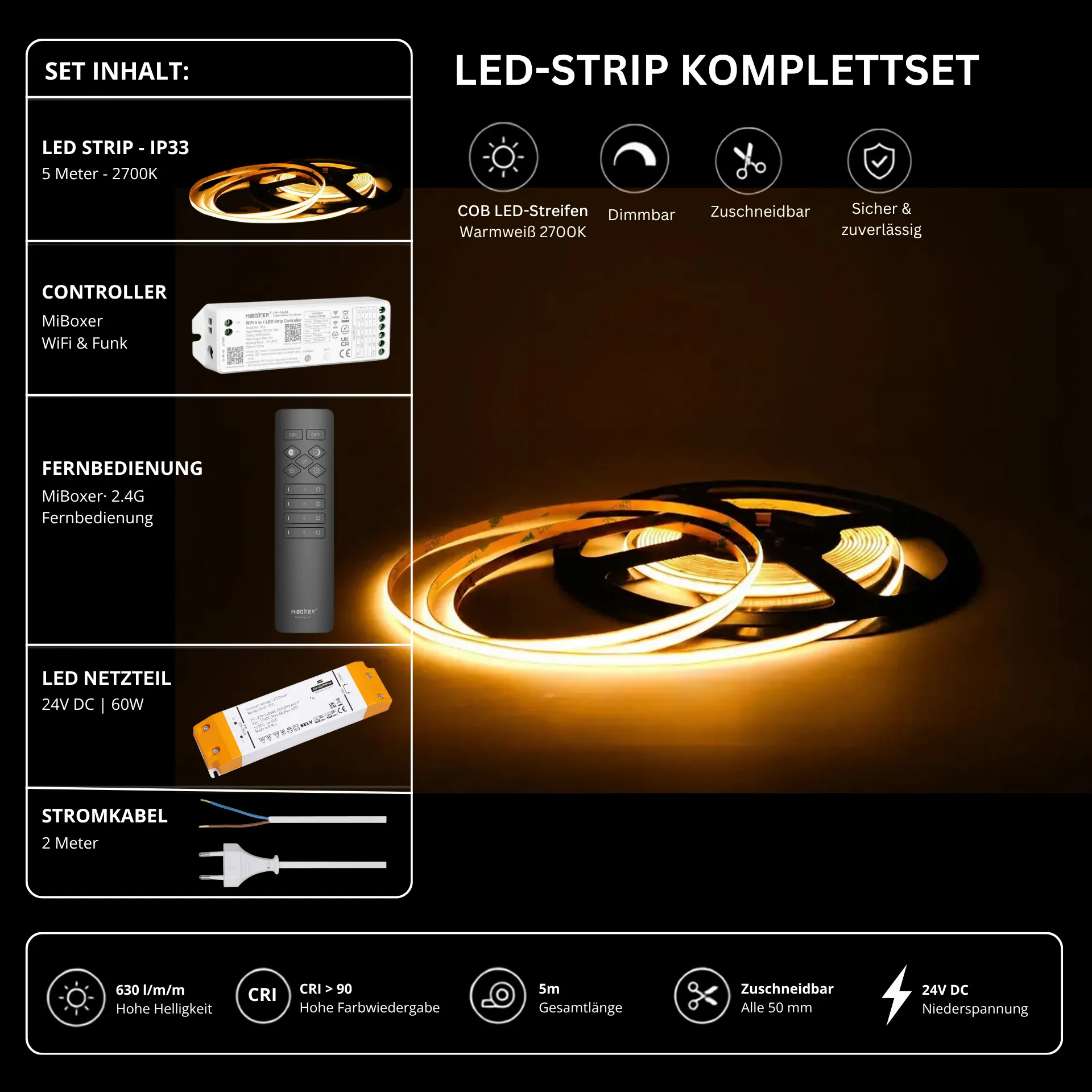 LED Streifen Set Einfarbig COB Schmal – 5 mm COB LED Streifen 24V, punktfrei, 7 W/m, 5m, Warmweiß 2700K, CRI 90 – SS60 Netzteil, WL5 WiFi Controller & C1 Fernbedienung Schwarz