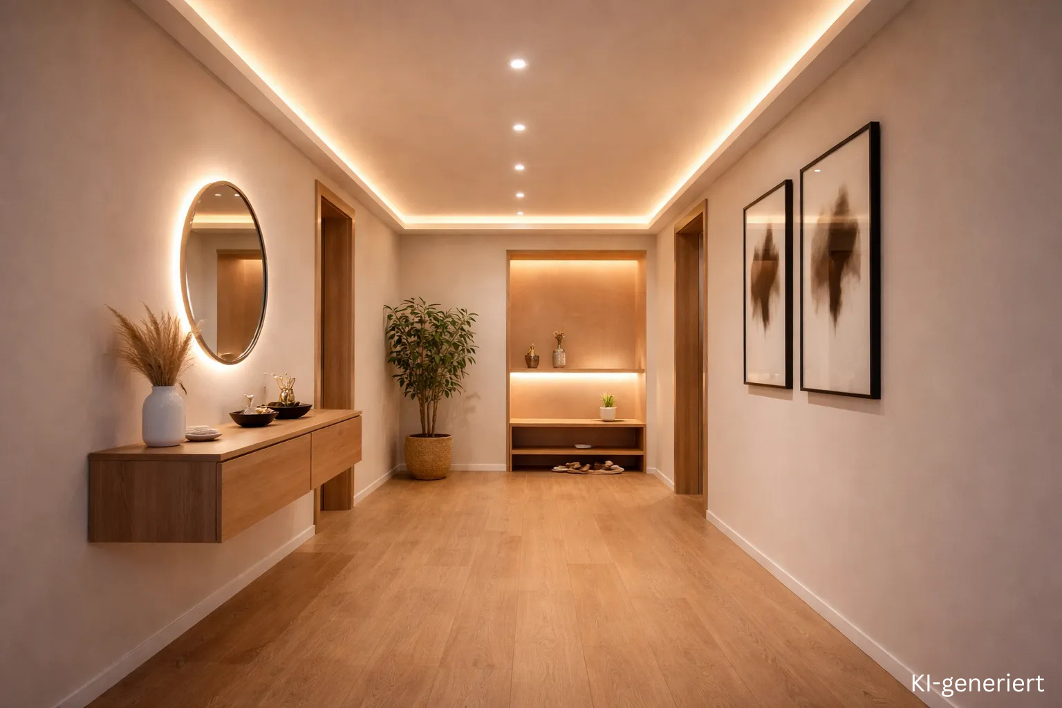 Flurbeleuchtung mit LED Streifen indirekt an Decke und Wandnische für warmweißes Licht im modernen Eingangsbereich