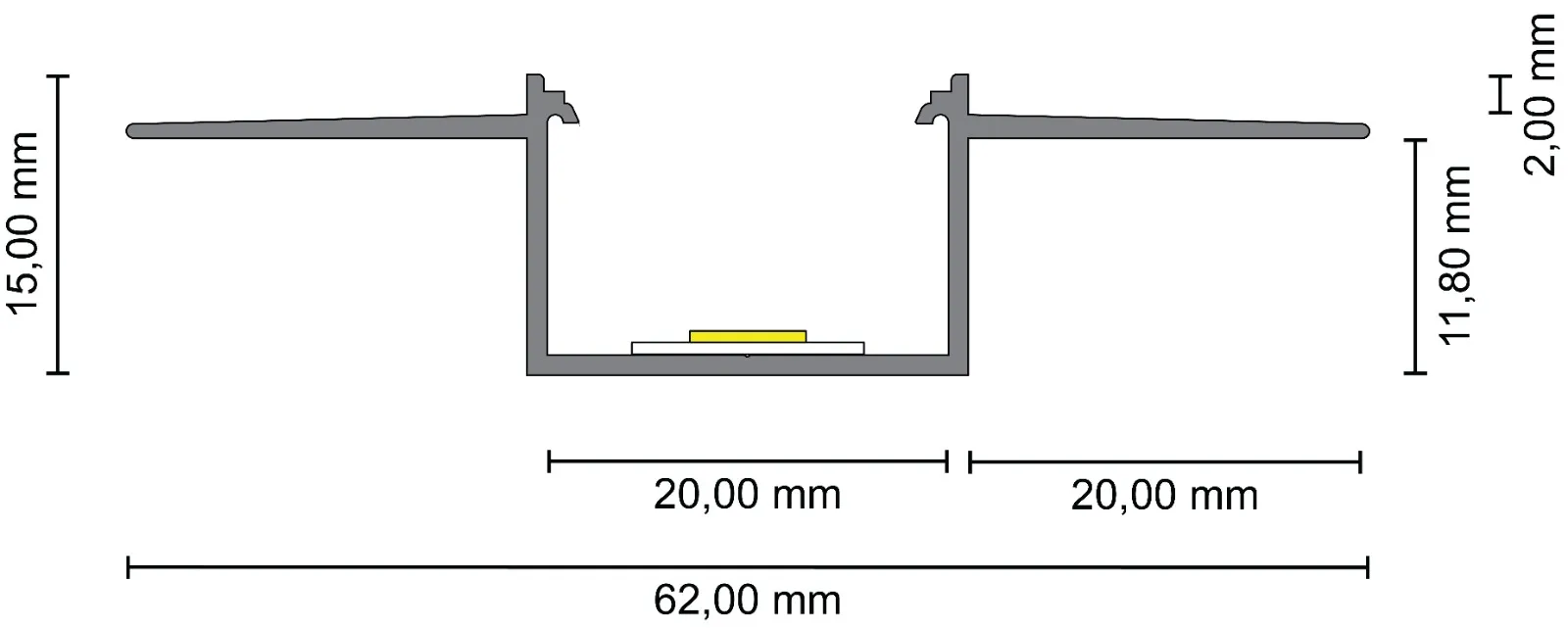 Technische Zeichnung eines LED-Trockenbauprofils mit 62 mm Breite und Einbaumaßen für indirekte Beleuchtung