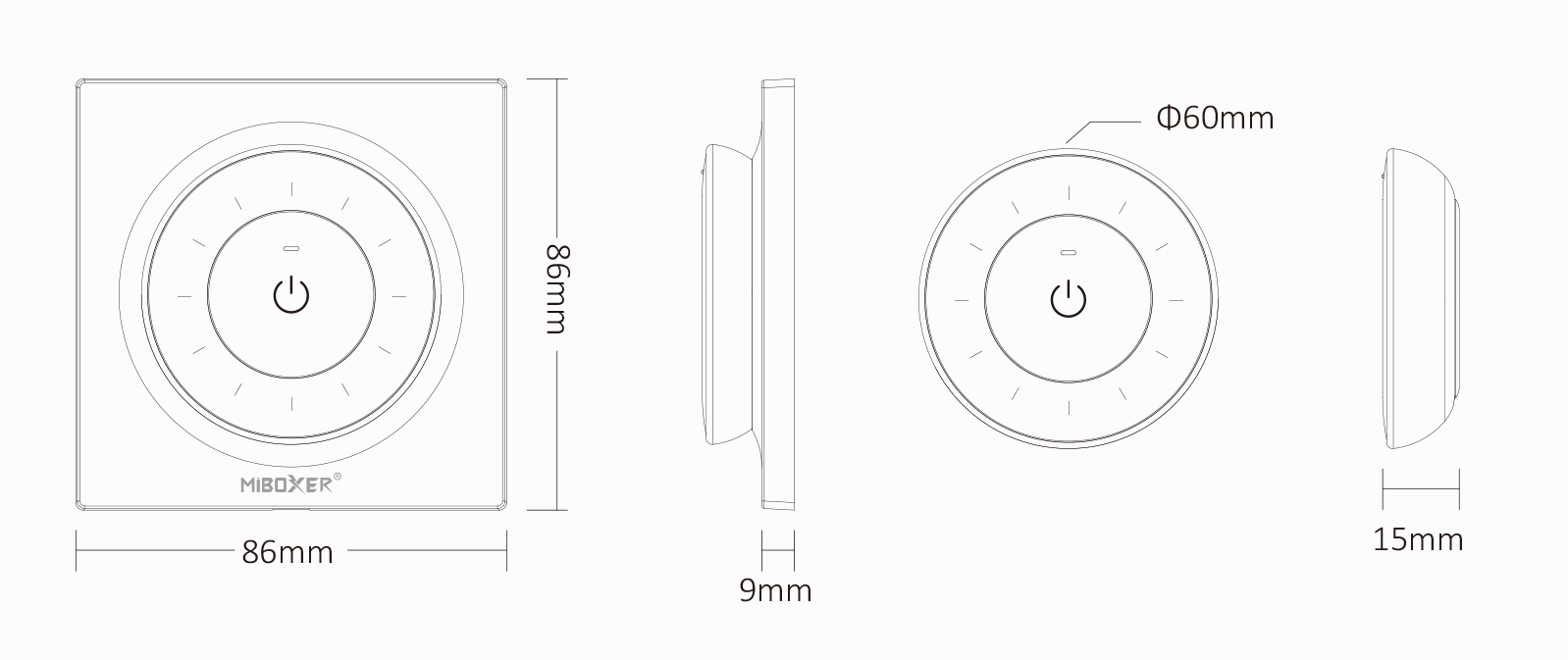 MiBoxer K3 Schwarz – Drehregler-Detail, Draufsicht | SK-LED MiBoxer K3 Fernbedienung Schwarz Draufsicht – zentraler Drehregler zur stufenlosen Helligkeitsregelung einfarbiger LED Streifen, 1 Zone, Draufsicht
