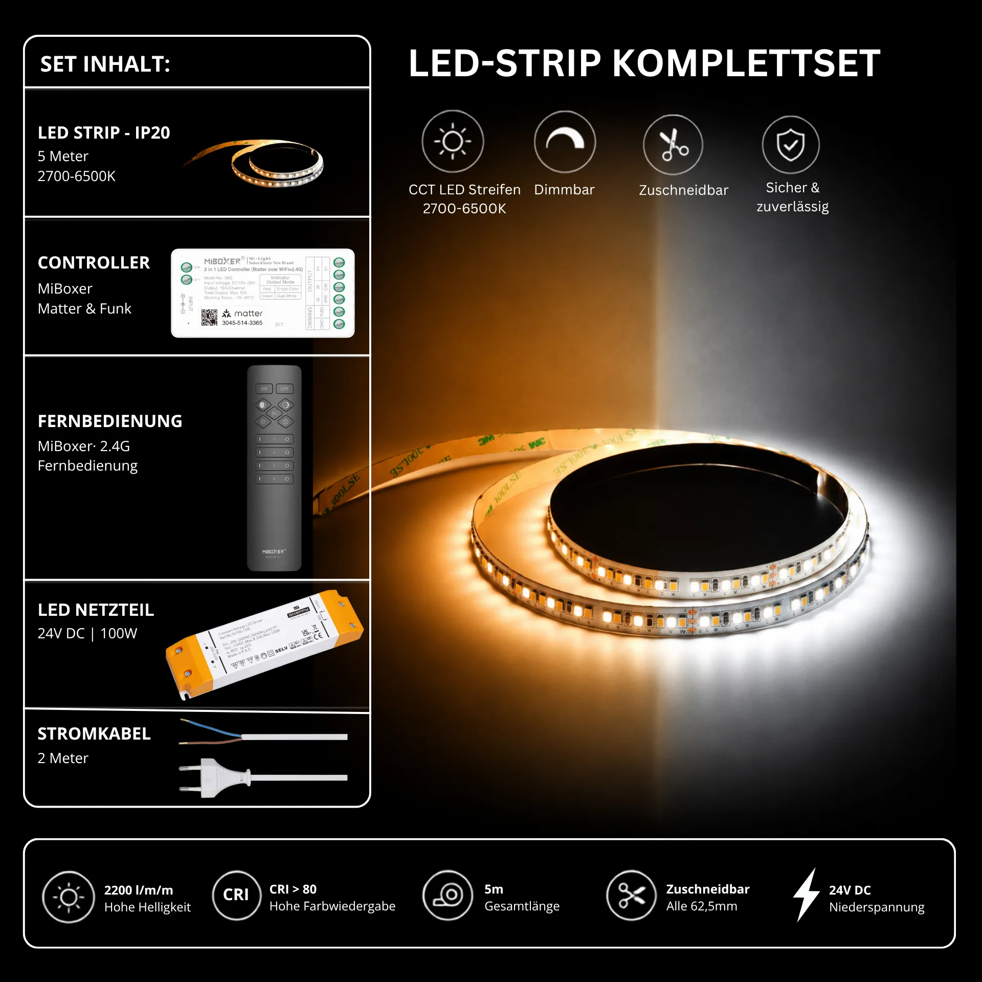 LED Streifen Set CCT IP20 – SMD LED Streifen 24V, 16 W/m, 2200 lm/m, 5m, 2700-6500K – SS100 Netzteil, SM2 Matter Controller & C1 Fernbedienung Schwarz