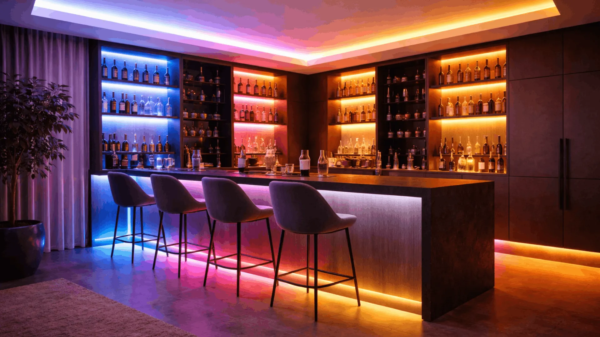 Bar mit RGBCCT LED Streifen Beleuchtung, farbiges Licht kombiniert mit warmweiß für moderne Ambientebeleuchtung