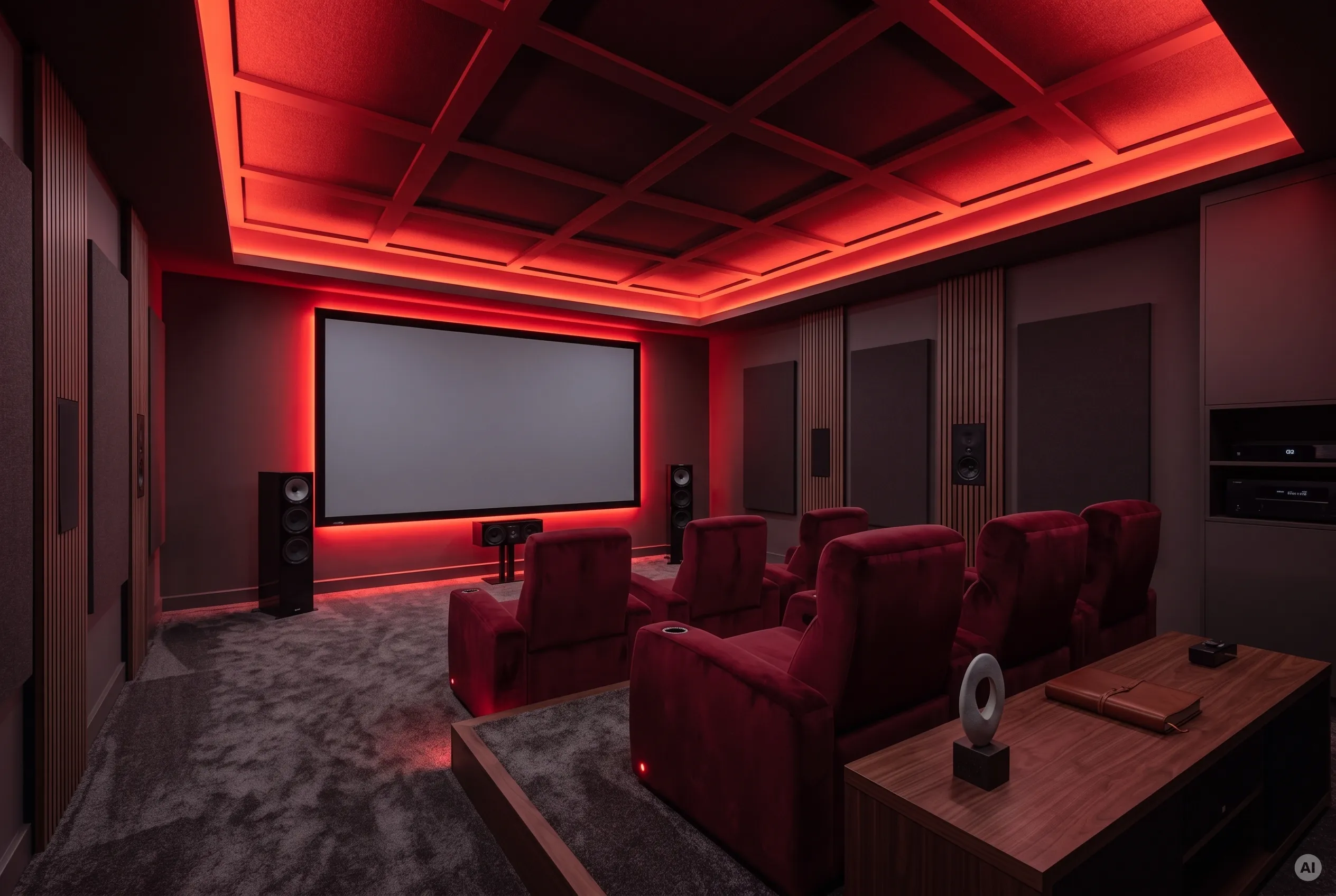 Hochwertiges privates Heimkino mit roter Samt-Bestuhlung, Leinwand und tiefroter, indirekter LED-Profilbeleuchtung an Kassettendecke und Leinwandwand.