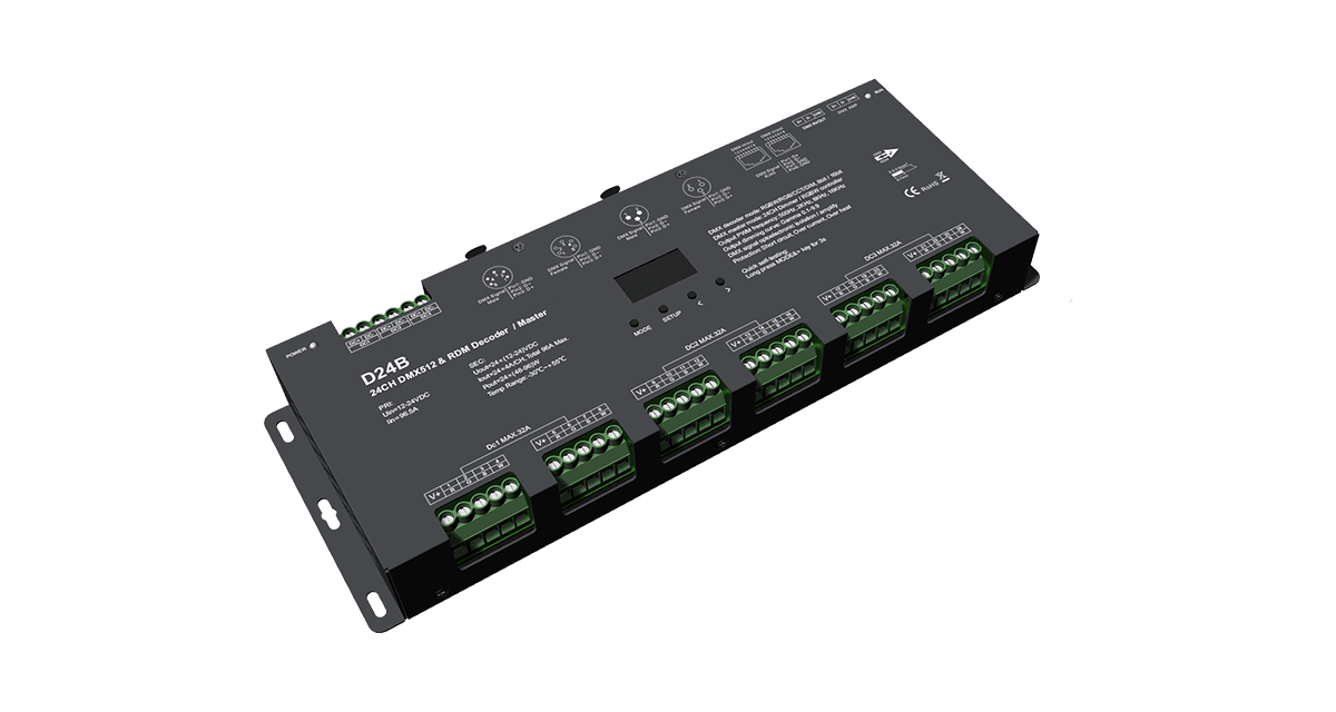 D24B 24-Kanal DMX512 & RDM Decoder/Master – schwarzes 19-Zoll-Rack-Gerät in perspektivischer Schrägansicht von oben, grüne Klemmenblöcke (3x DC MAX.32A), XLR-Anschlüsse und Display sichtbar