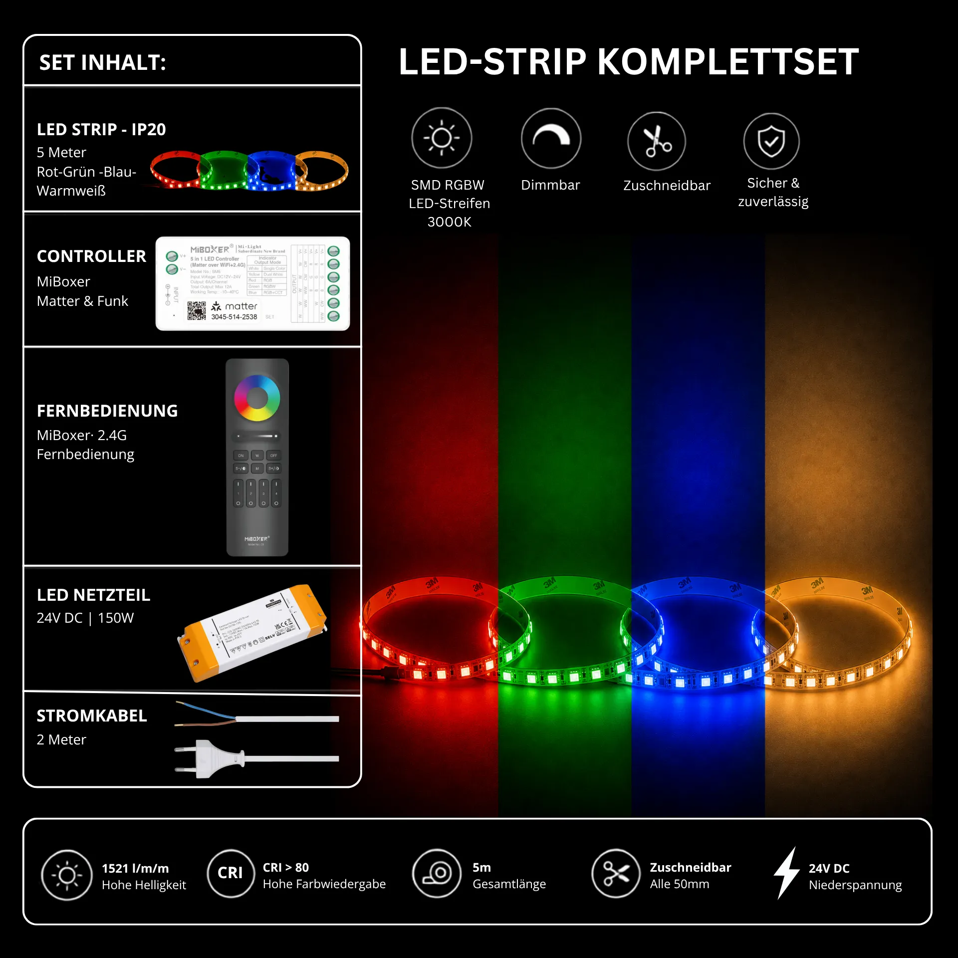 LED Streifen Set RGBW – SMD LED Streifen 24V, 4-in-1, 19,2 W/m, 5m, RGB + Warmweiß 3000K – SS150 Netzteil, SM5 Matter Controller & C5 Fernbedienung Schwarz