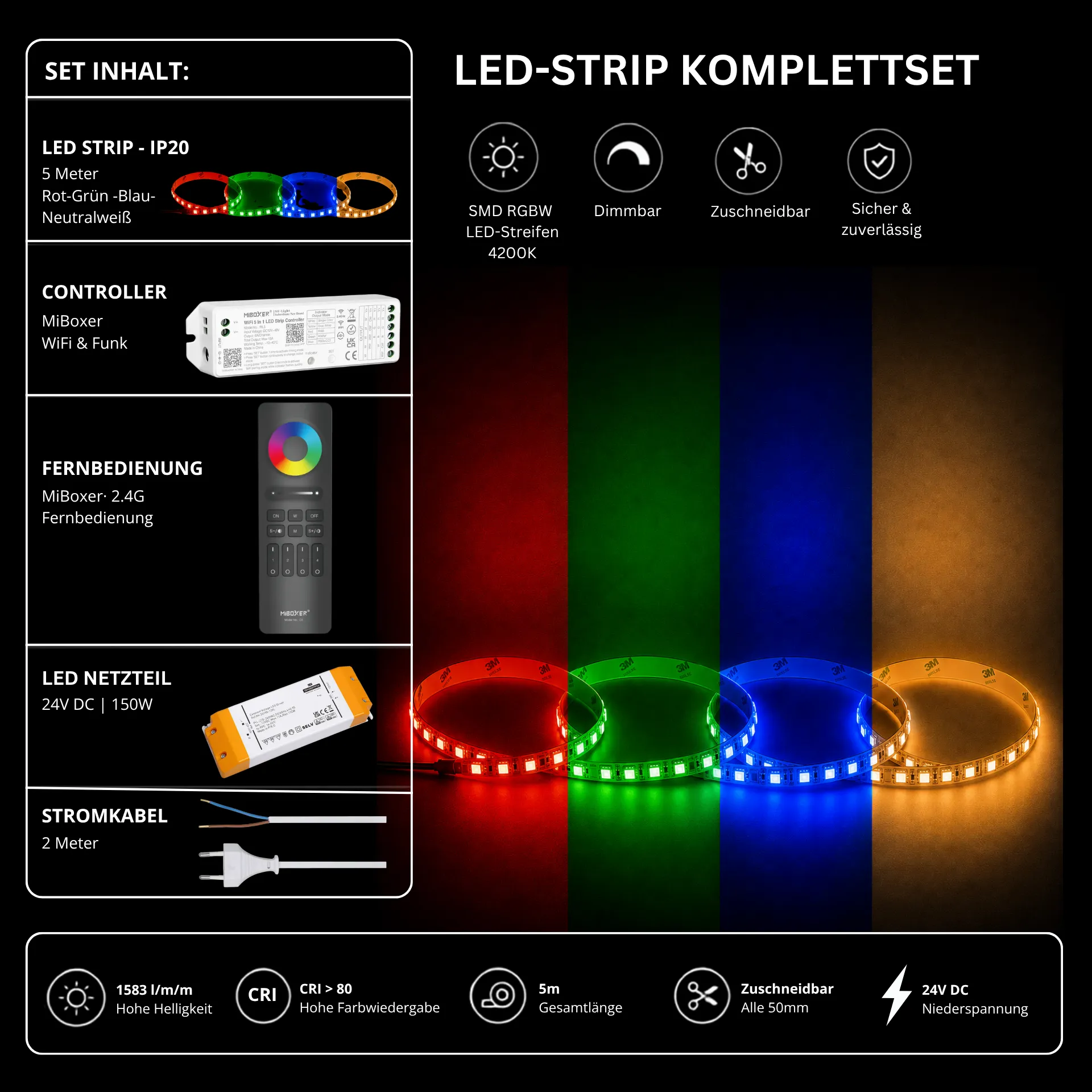 LED Streifen Set RGBW – SMD LED Streifen 24V, 4-in-1, 19,2 W/m, 5m, RGB + Neutralweiß 4200K – SS150 Netzteil, WL5 WiFi Controller & C5 Fernbedienung Schwarz