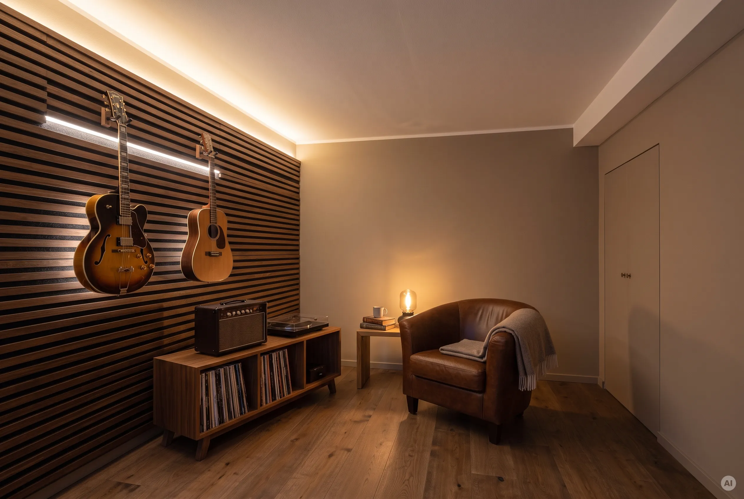 Gemütlicher Musikraum mit indirekter LED-Lichtvoute und Akzentbeleuchtung Stilvolles Musikzimmer mit warmweißer indirekter Deckenbeleuchtung, Akustik-Holzlamellenwand mit beleuchteten Gitarren und gemütlichem Ledersessel.
