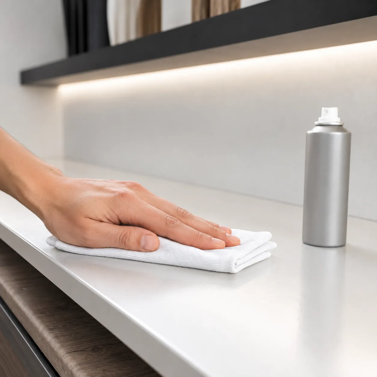 Hand reinigt eine glatte Möbeloberfläche mit einem fusselfreien Tuch als Vorbereitung für das Verkleben eines LED-Streifens.