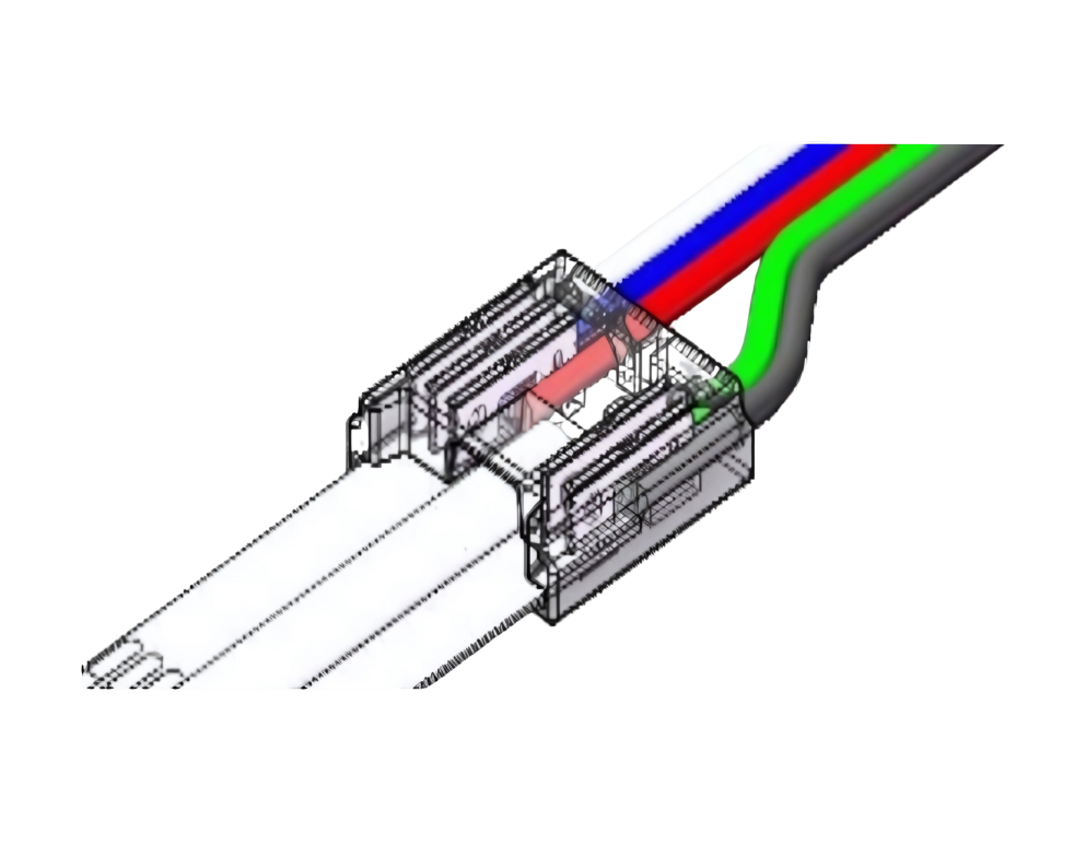 5-poliger RGBW LED-Streifen-Verbinder im Einsatz – lötfreie Steckverbindung mit 12 mm COB Streifen und Kabel – einfach konfigurierbar, schnelle Montage – SK-LED