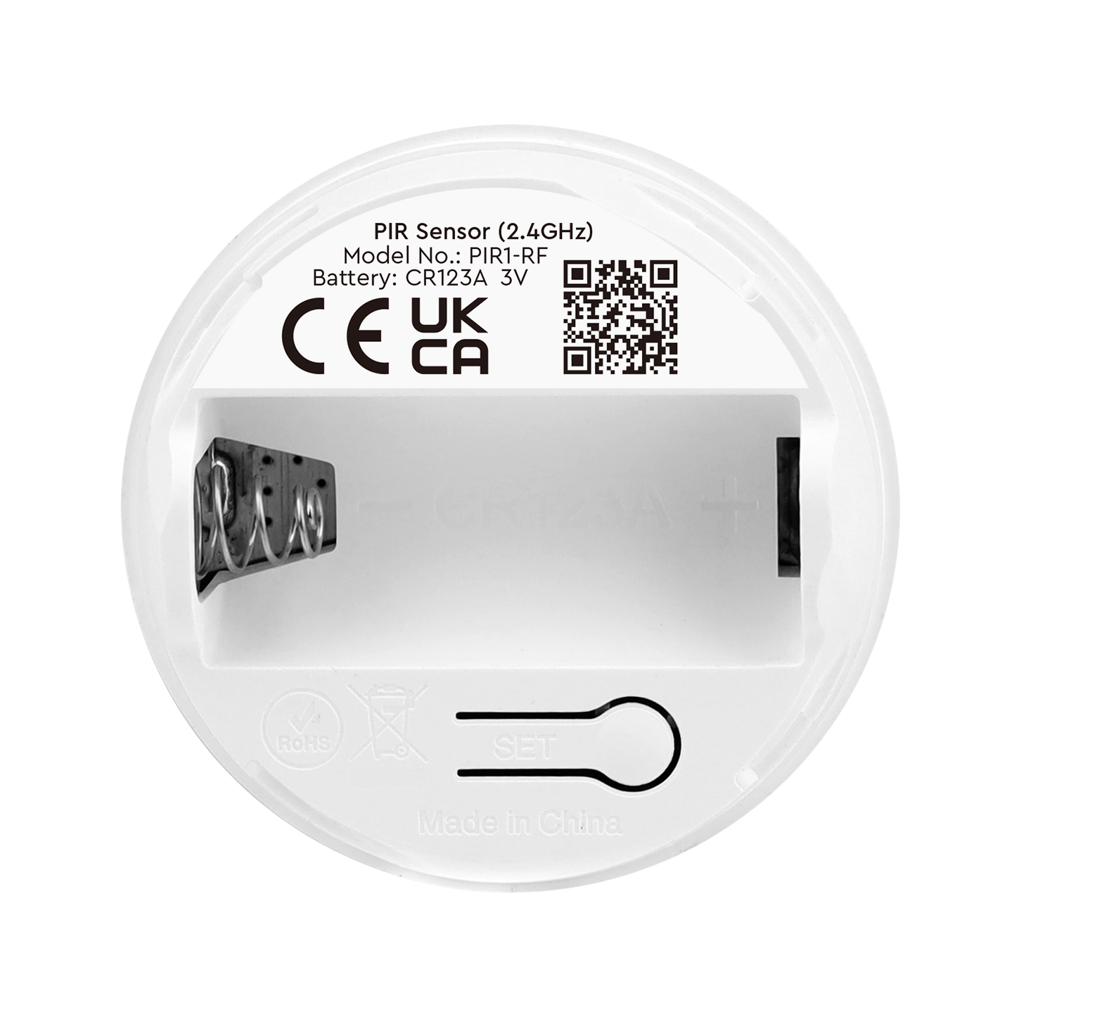 Rückseite des MiBoxer PIR1 PIR-Bewegungsmelders mit CR123A Batteriefach, SET-Taste und 2,4 GHz Funkmodul