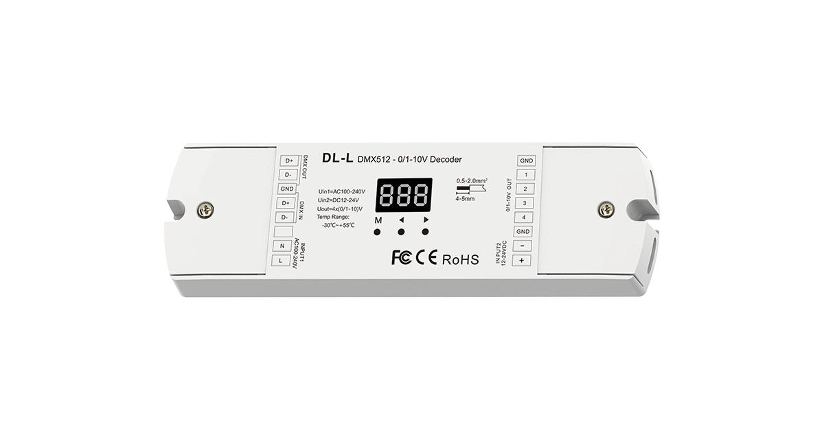 DMX512 0 10V Decoder DL L LED Controller Frontansicht zur Steuerung von LED Beleuchtung
