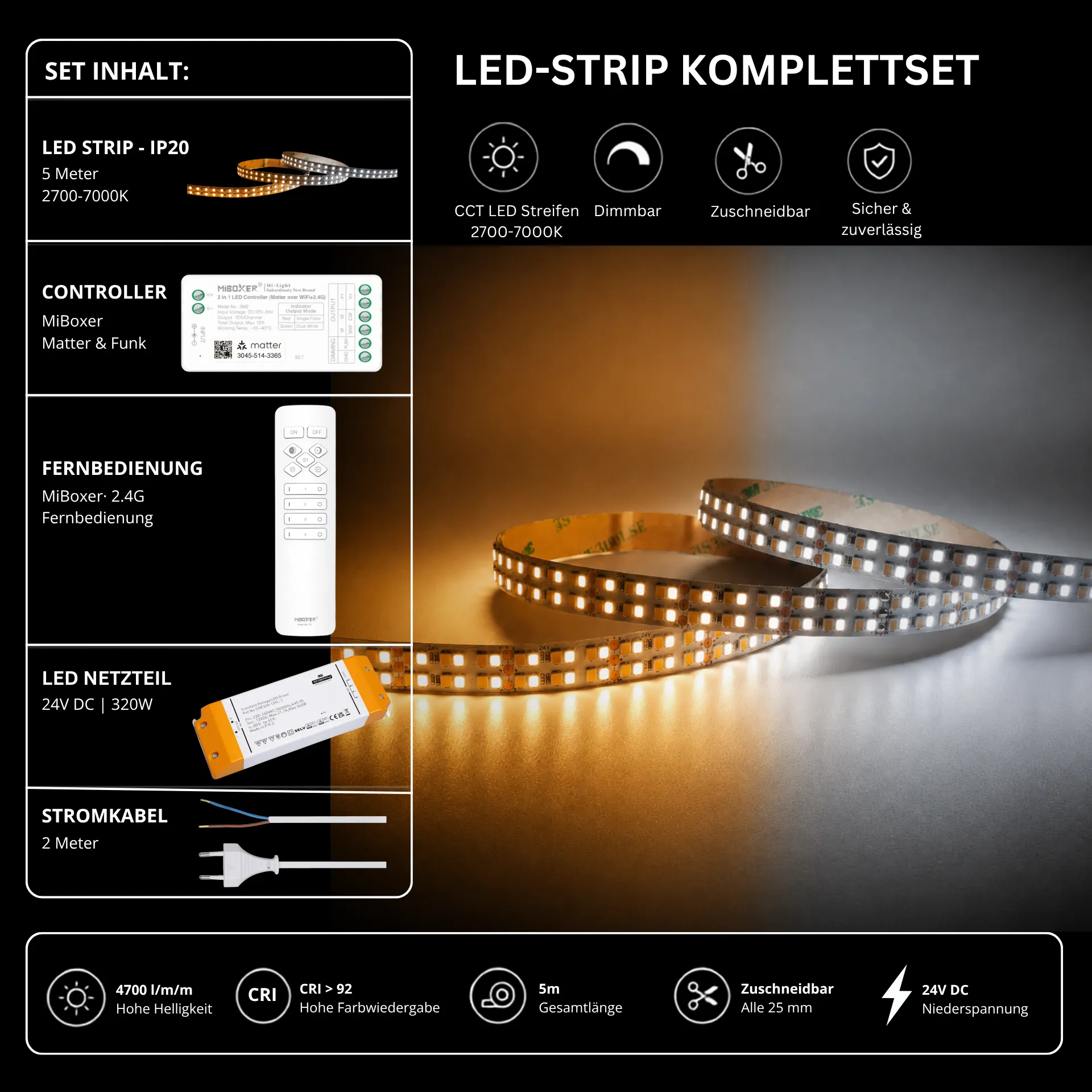 LED Streifen Set CCT High Power – 12 mm CCT LED Streifen 24V, 40 W/m, 4700 lm/m, 5m, 2700K-7000K, CRI 92 – SNP-320 Netzteil, SM2 Matter Controller & C1 Fernbedienung Weiß