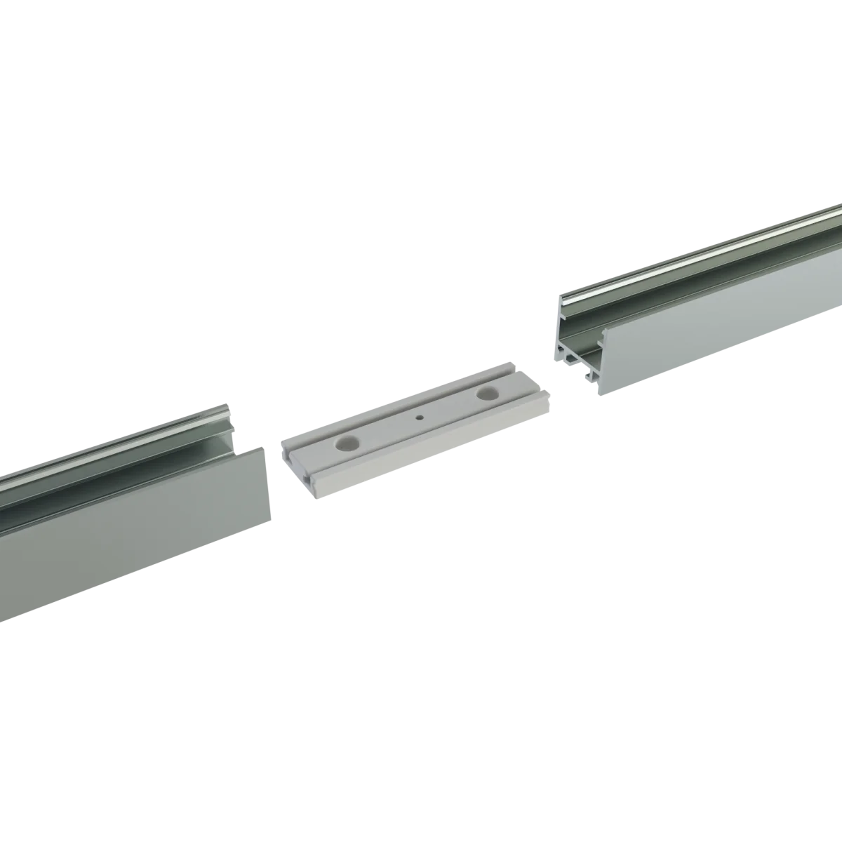 Geradverbinder EXO-A2 zwischen zwei Einbauprofilen – Explosionsansicht PETG-Geradverbinder 180° zwischen zwei LED Alu-Einbauprofilen EXO-A2 – Explosionsansicht vor der Montage mit sichtbarem Profilquerschnitt