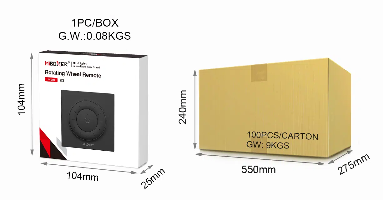 MiBoxer K3 Schwarz – Lieferumfang mit Magnethalterung | SK-LED MiBoxer K3 Fernbedienung Schwarz Lieferumfang – Drehregler-Fernbedienung mit magnetischer Wandhalterung und Zubehör