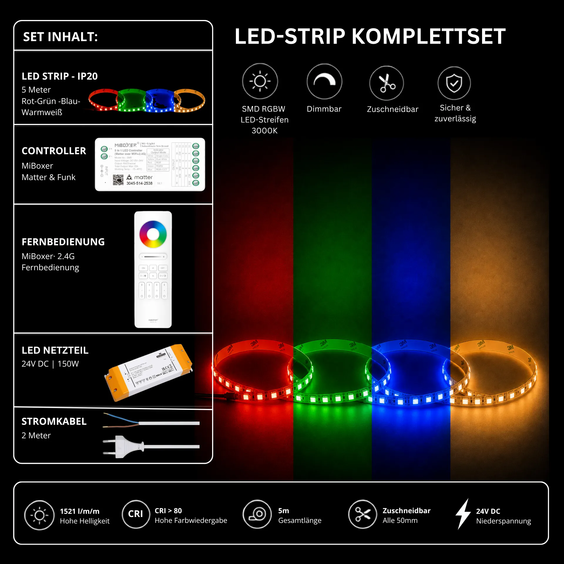LED Streifen Set RGBW – SMD LED Streifen 24V, 4-in-1, 19,2 W/m, 5m, RGB + Warmweiß 3000K – SS150 Netzteil, SM5 Matter Controller & C5 Fernbedienung Weiß