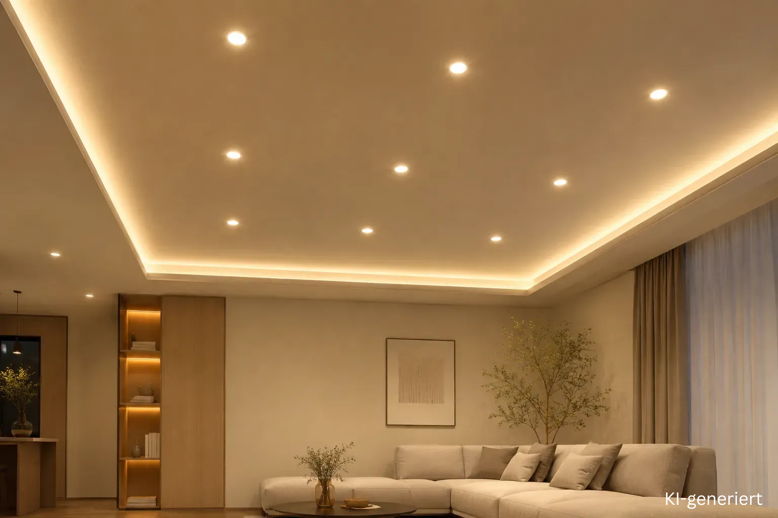 LED Einbaustrahler und indirekte LED Voutenbeleuchtung im modernen Wohnzimmer in Warmweiß Moderner Wohnraum mit warmweißen LED Einbaustrahlern und indirekter Voutenbeleuchtung in abgehängter Decke