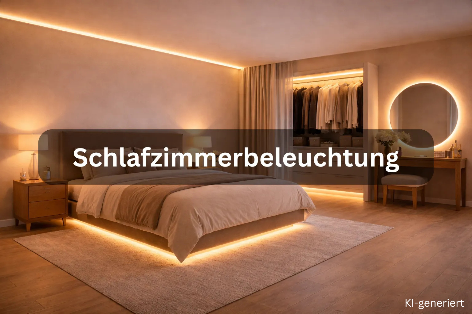 Schlafzimmerbeleuchtung mit LED Streifen indirekt an Decke und Bett für warmweißes stimmungsvolles Licht