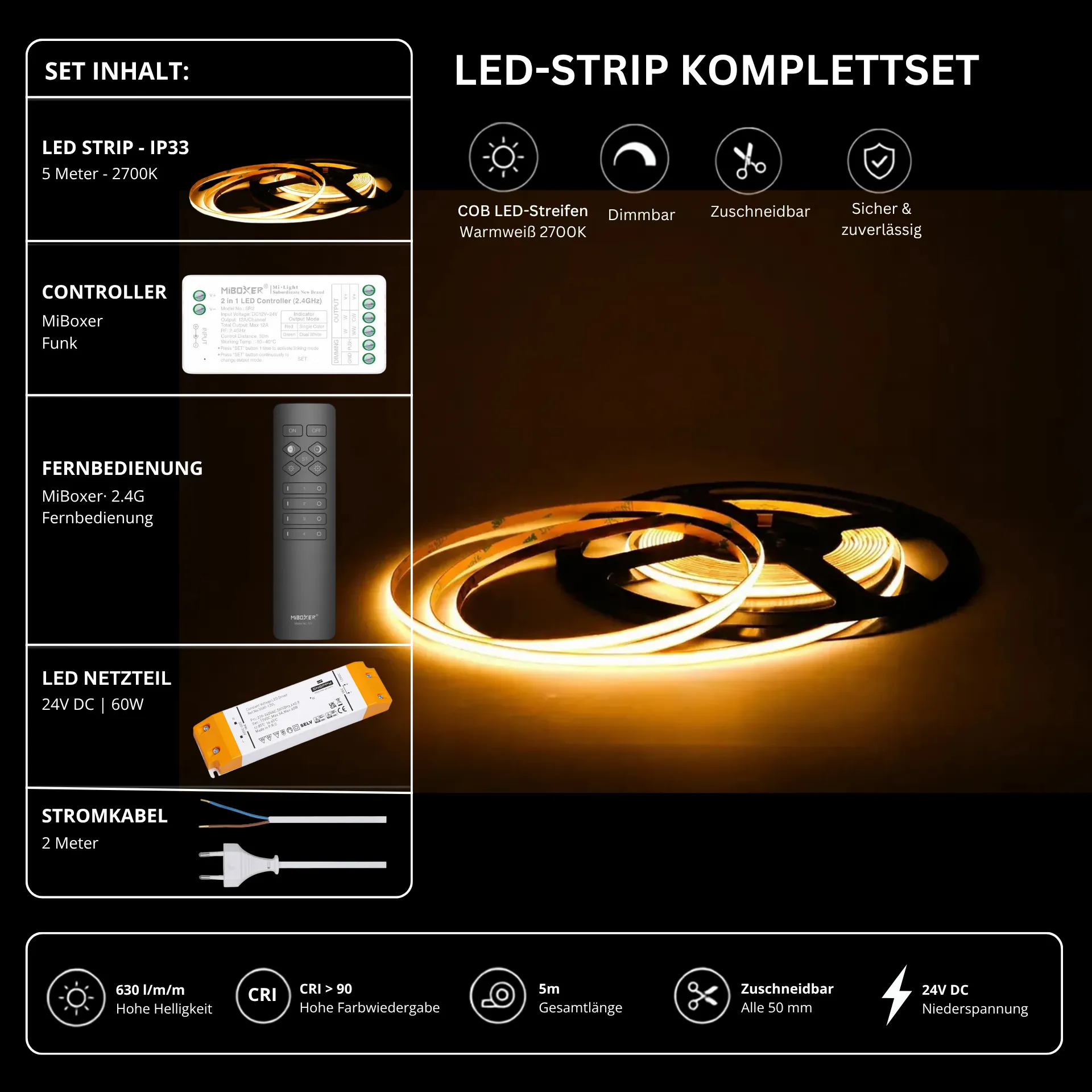 LED Streifen Set Einfarbig COB Schmal – 5 mm COB LED Streifen 24V, punktfrei, 7 W/m, 5m, Warmweiß 2700K, CRI 90 – SS60 Netzteil, SR2 Funk-Controller & C1 Fernbedienung Schwarz