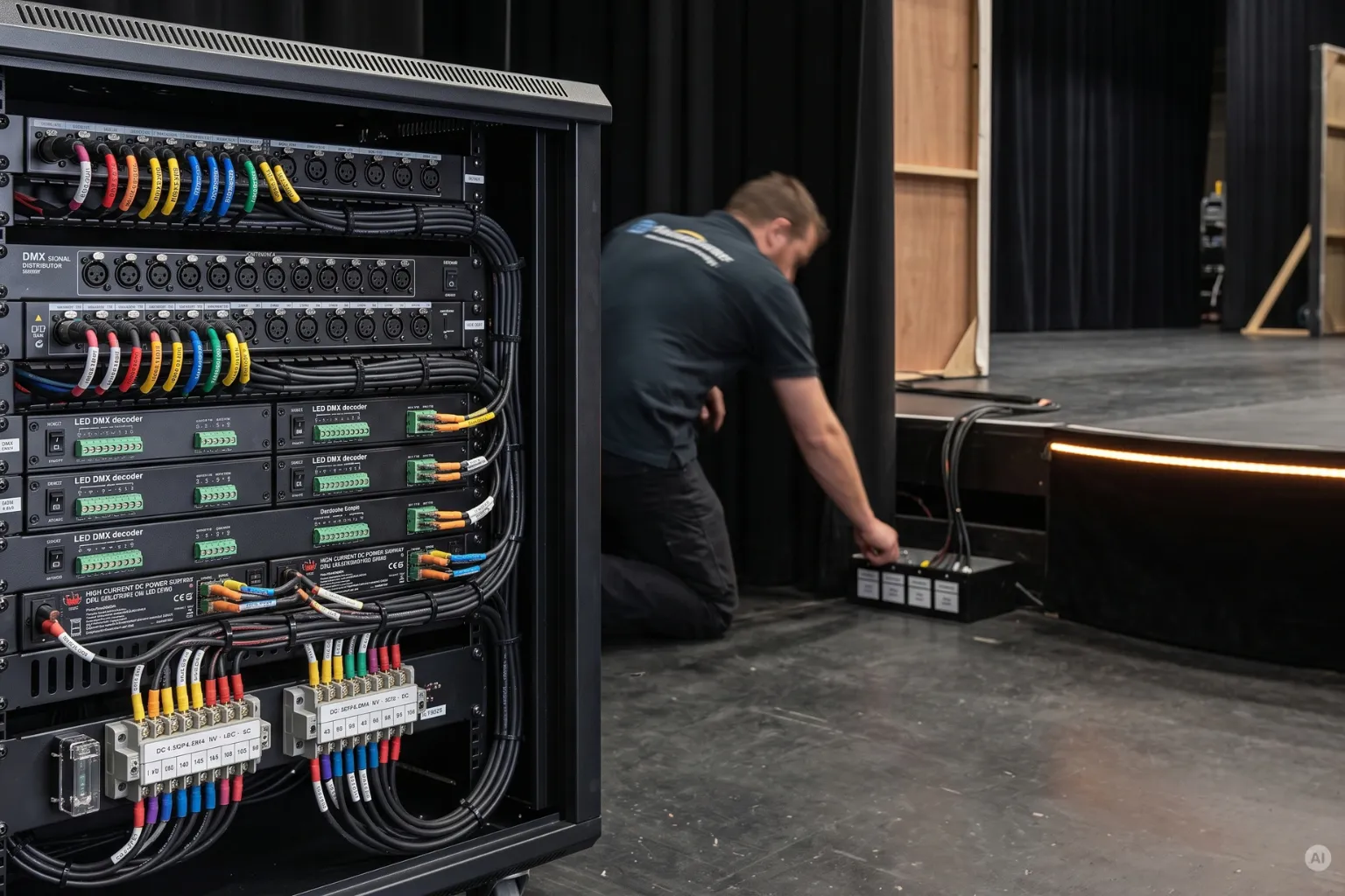 Nahaufnahme eines geöffneten Technik-Racks mit DMX-Verteilern, LED-Decodern und farbig sortierten Kabeln, im Hintergrund arbeitet ein Techniker an den Bühnenanschlüssen.