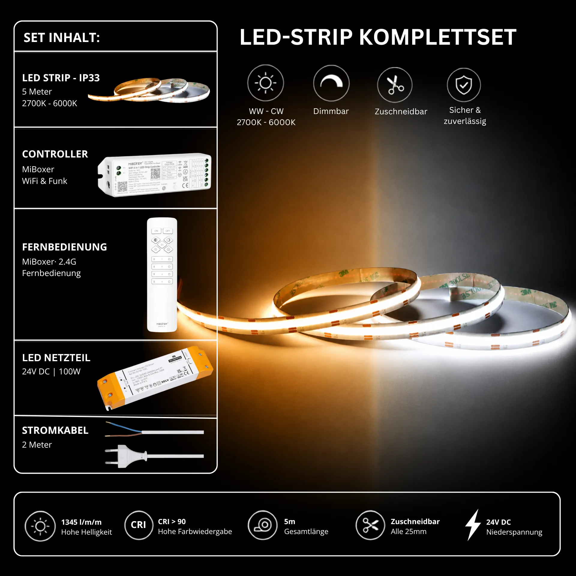 LED Streifen Set CCT IP33 – COB LED Streifen 24V, 16 W/m, 1345 lm/m, 5m, 2700-6000K – SS100 Netzteil, WL5 WiFi Controller & C1 Fernbedienung Weiß