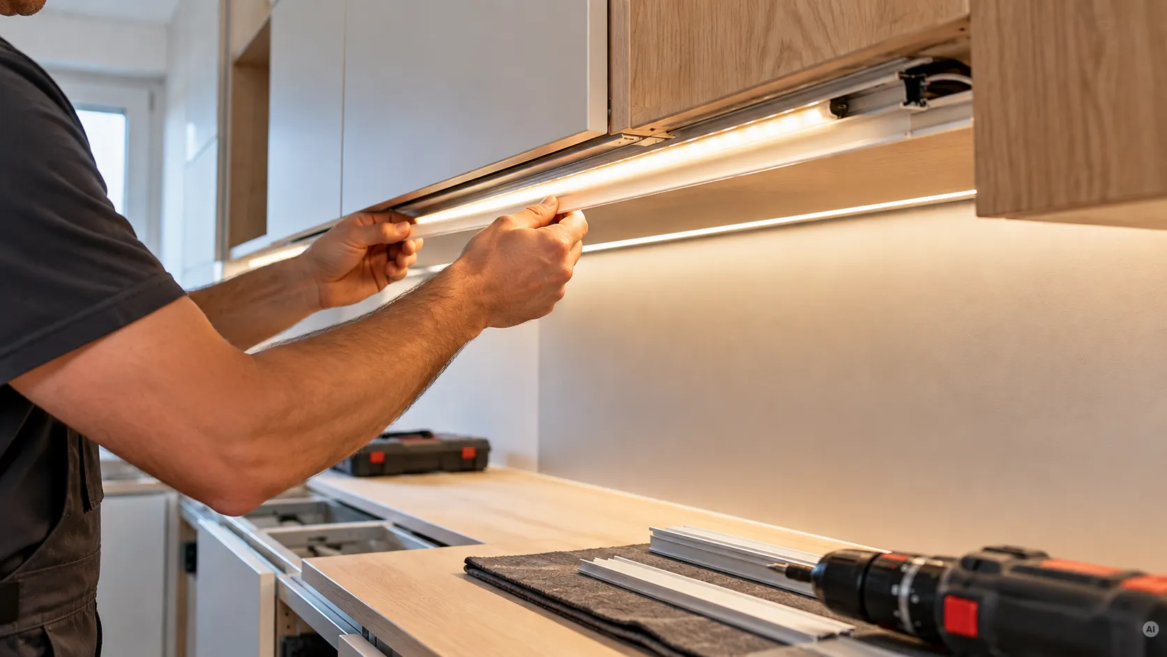 Monteur setzt eine opale Abdeckung in ein Aluminiumprofil für eine LED-Unterbaubeleuchtung unter Hängeschränken ein.