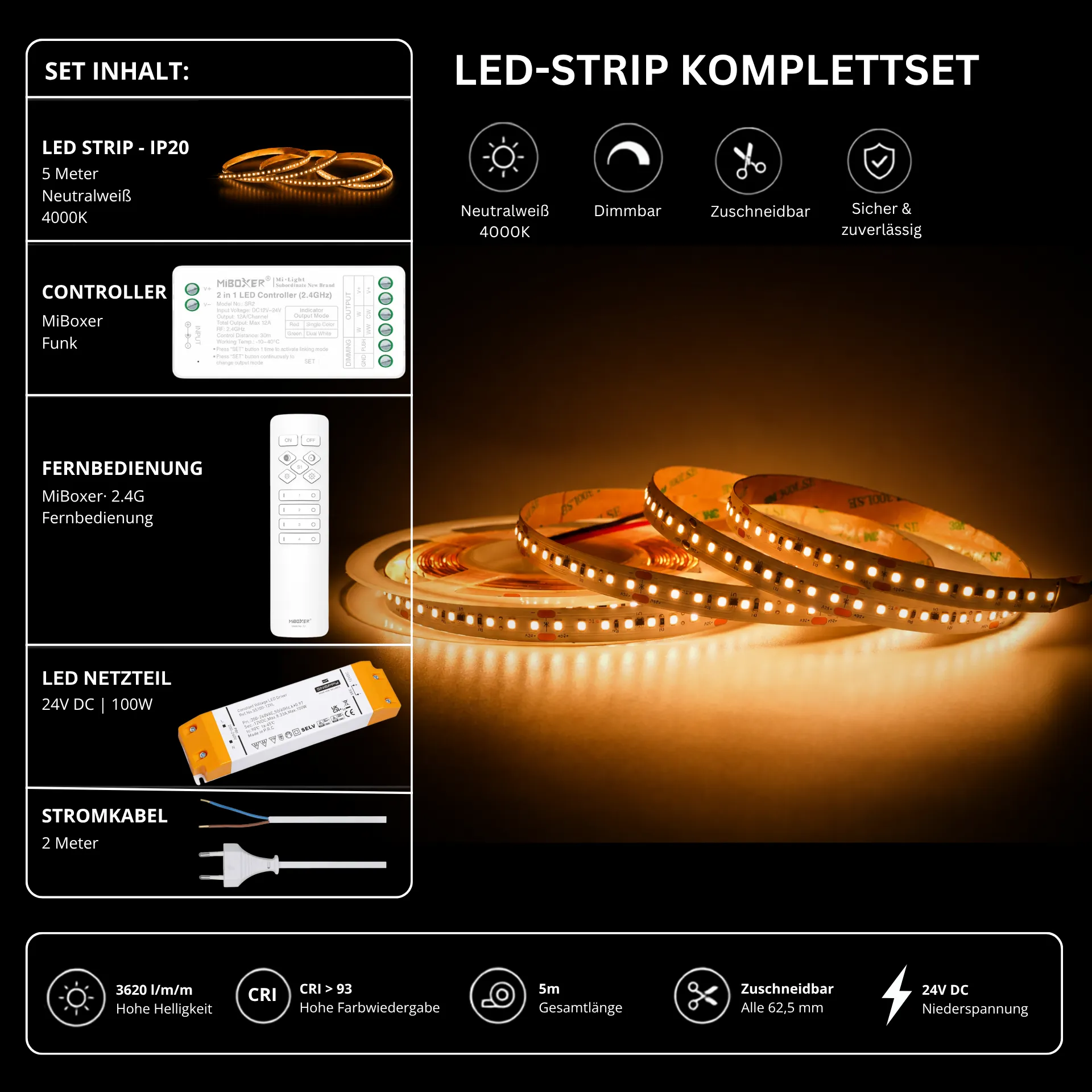 LED Streifen Set High Power Neutralweiß 4000K – SMD LED Streifen 24V, 22 W/m, 3620 lm/m, 5m – SS150 Netzteil, SR2 Funk-Controller & C1 Fernbedienung Weiß