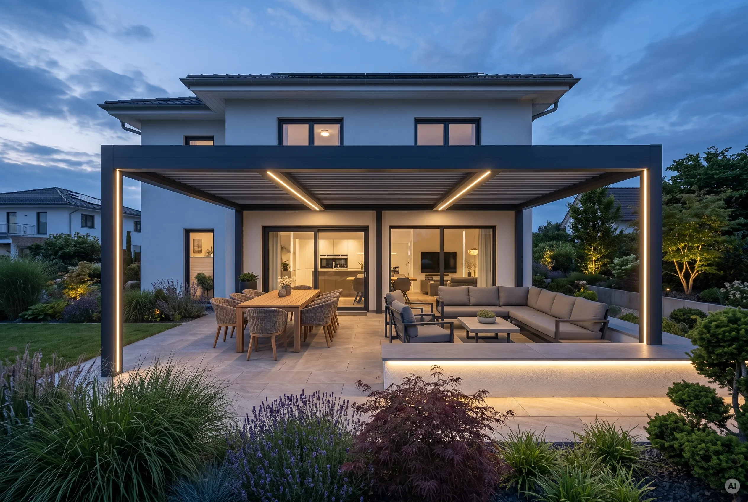 Große anthrazitfarbene Aluminium-Pergola an einem modernen Einfamilienhaus mit getrenntem Ess- und Loungebereich. Ausgestattet mit warmweißen LED-Profilen im Dach, vertikalen Pfosten-Lichtlinien und indirekter Sockelbeleuchtung zur blauen Stunde.