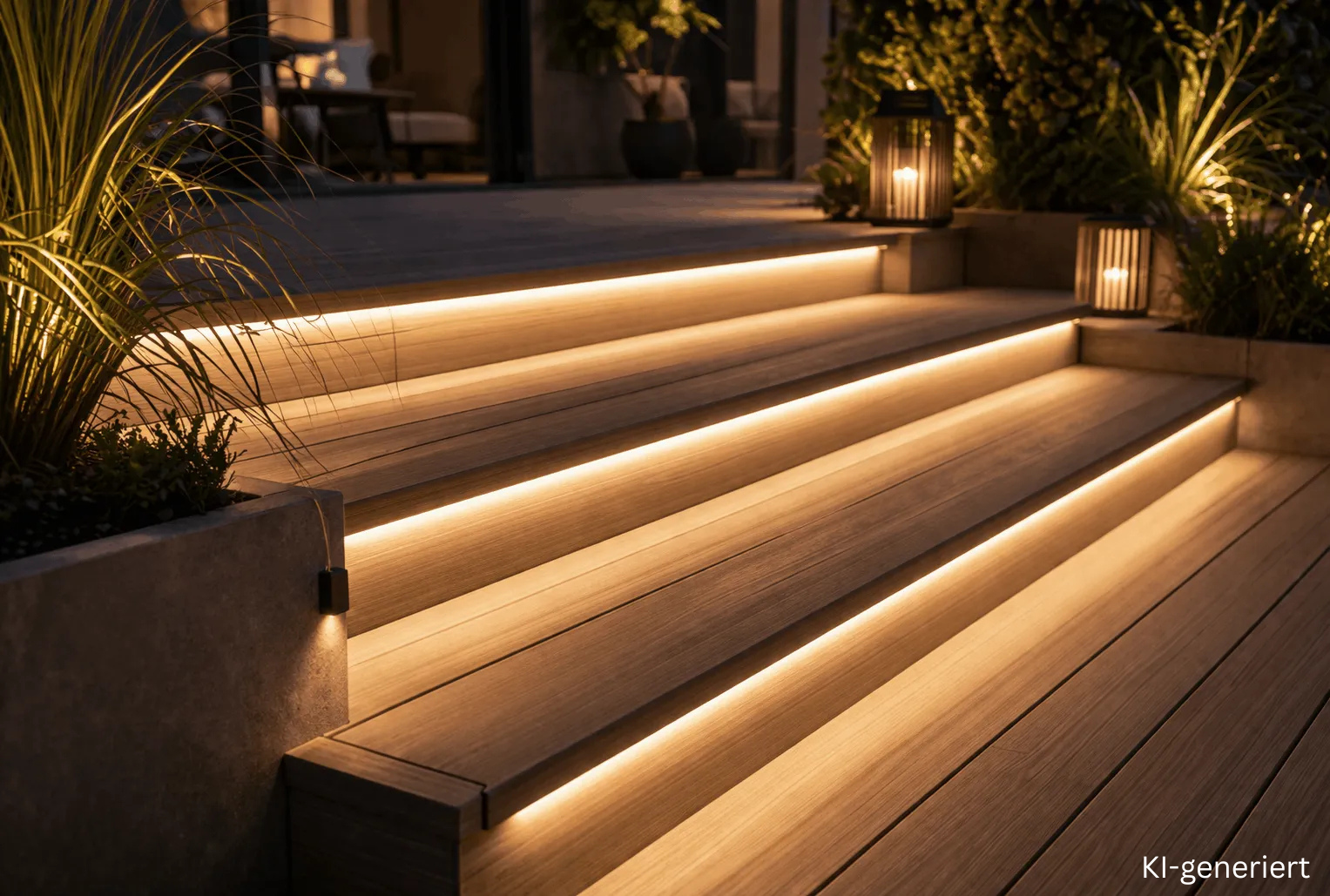 Terrassenstufen mit LED Streifen als Stufenbeleuchtung im Außenbereich