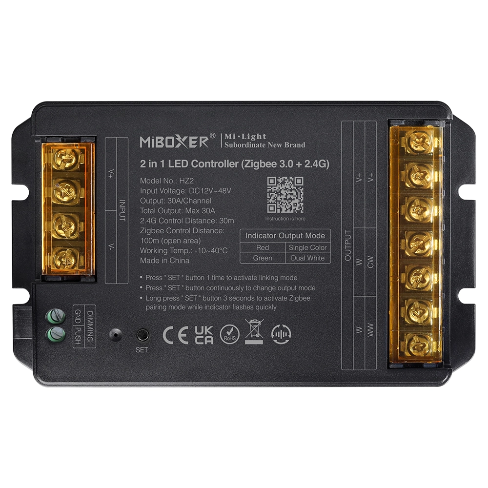 MiBoxer HZ2 2-in-1 LED Controller – einfarbig und CCT, 12–48V DC, 30A, Zigbee 3.0 und 2,4 GHz Funk, kompatibel mit Philips Hue und SmartThings, Frontansicht