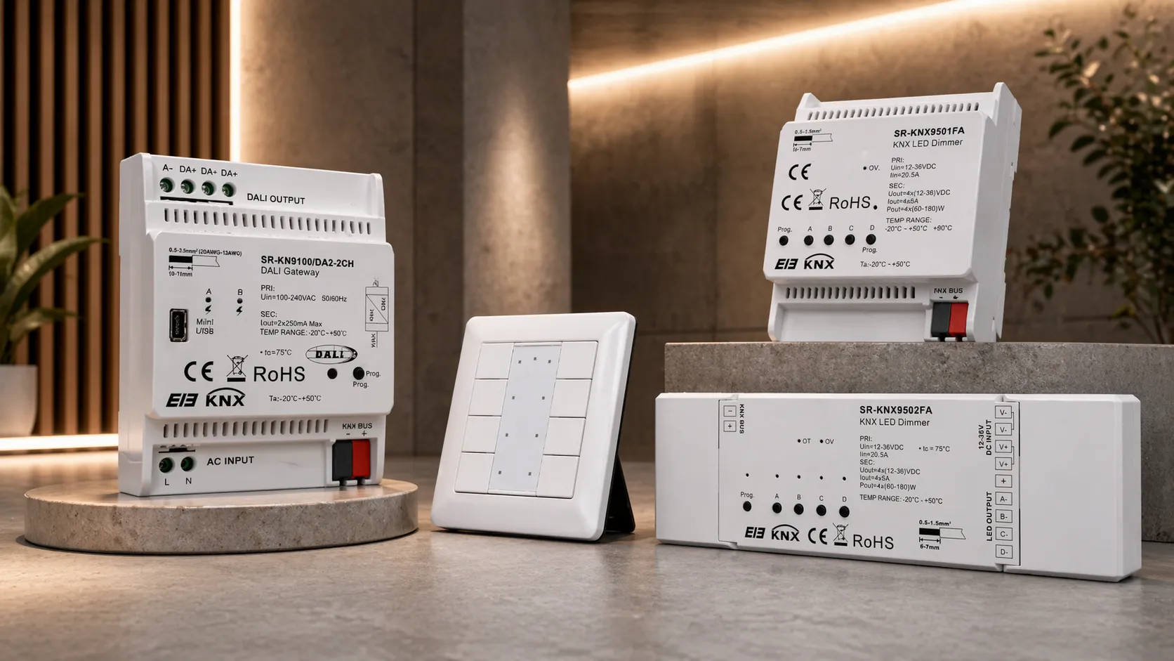 KNX LED Steuerung mit Dimmern, Gateway und Wandbedienung im Smart Home